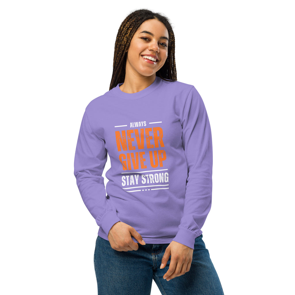 Unisex Garment-dyed heavyweight long-sleeve shirt | Always Never Give Up Stay Strong long-sleeve shirt AwRans Clothing unisex-garment-dyed-heavyweight-long-sleeve-shirt-violet-front-67eab0a401d8a