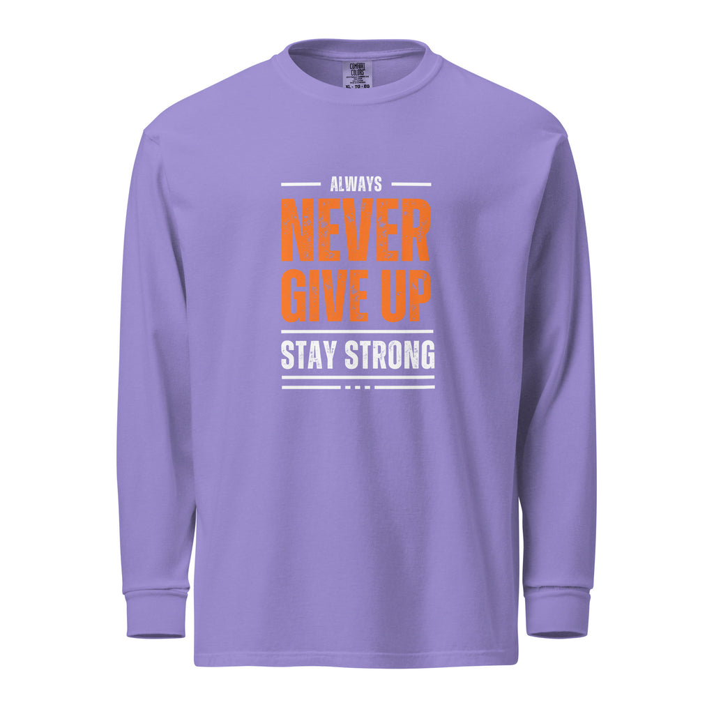 Unisex Garment-dyed heavyweight long-sleeve shirt | Always Never Give Up Stay Strong long-sleeve shirt AwRans Clothing unisex-garment-dyed-heavyweight-long-sleeve-shirt-violet-front-67eab0a405bae