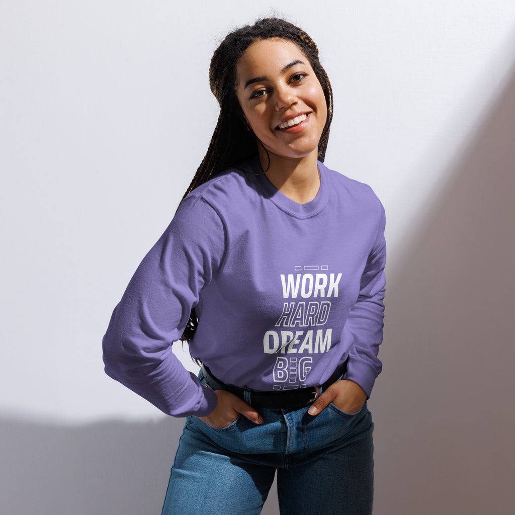 Unisex Garment-dyed heavyweight long-sleeve shirt | Work Hard , Dream Big long-sleeve shirt AwRans Clothing unisex-garment-dyed-heavyweight-long-sleeve-shirt-violet-front-67eab157d14ee