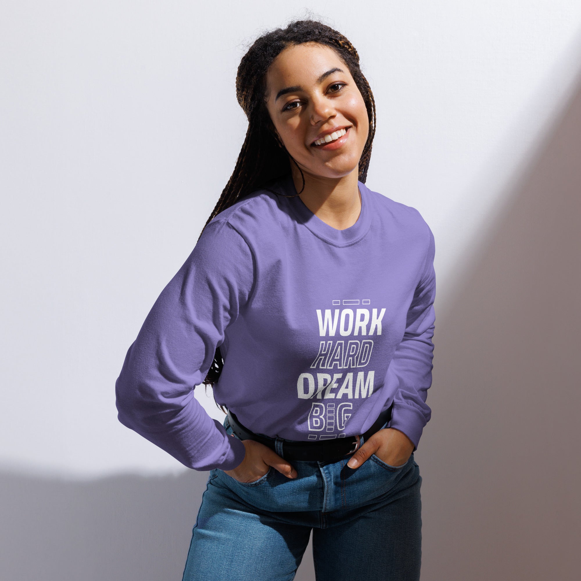 Unisex Garment-dyed heavyweight long-sleeve shirt | Work Hard , Dream Big long-sleeve shirt AwRans Clothing unisex-garment-dyed-heavyweight-long-sleeve-shirt-violet-front-67eab157d14ee