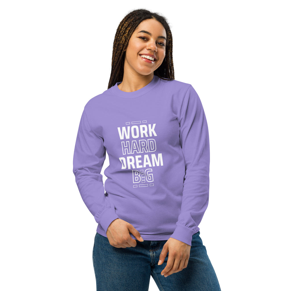 Unisex Garment-dyed heavyweight long-sleeve shirt | Work Hard , Dream Big long-sleeve shirt AwRans Clothing unisex-garment-dyed-heavyweight-long-sleeve-shirt-violet-front-67eab157d7cf2
