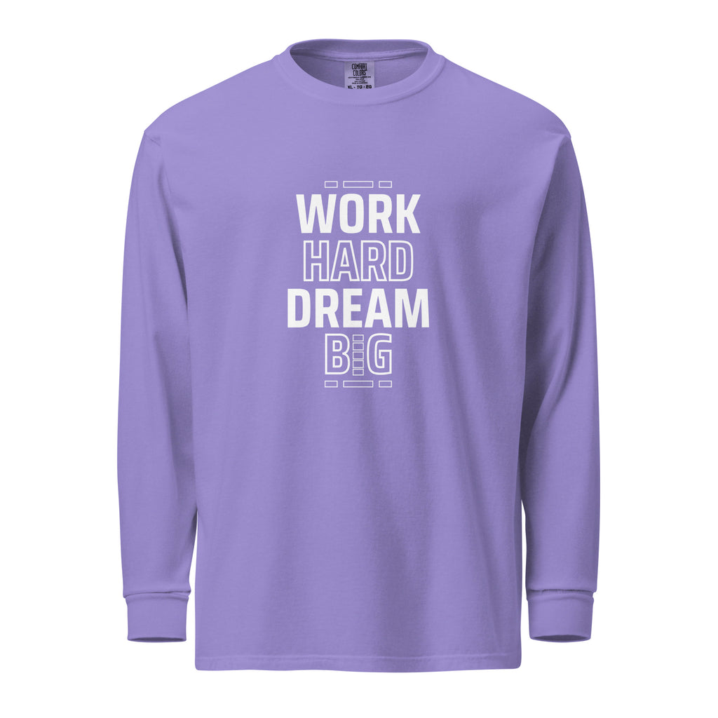 Unisex Garment-dyed heavyweight long-sleeve shirt | Work Hard , Dream Big long-sleeve shirt AwRans Clothing unisex-garment-dyed-heavyweight-long-sleeve-shirt-violet-front-67eab157db0d0