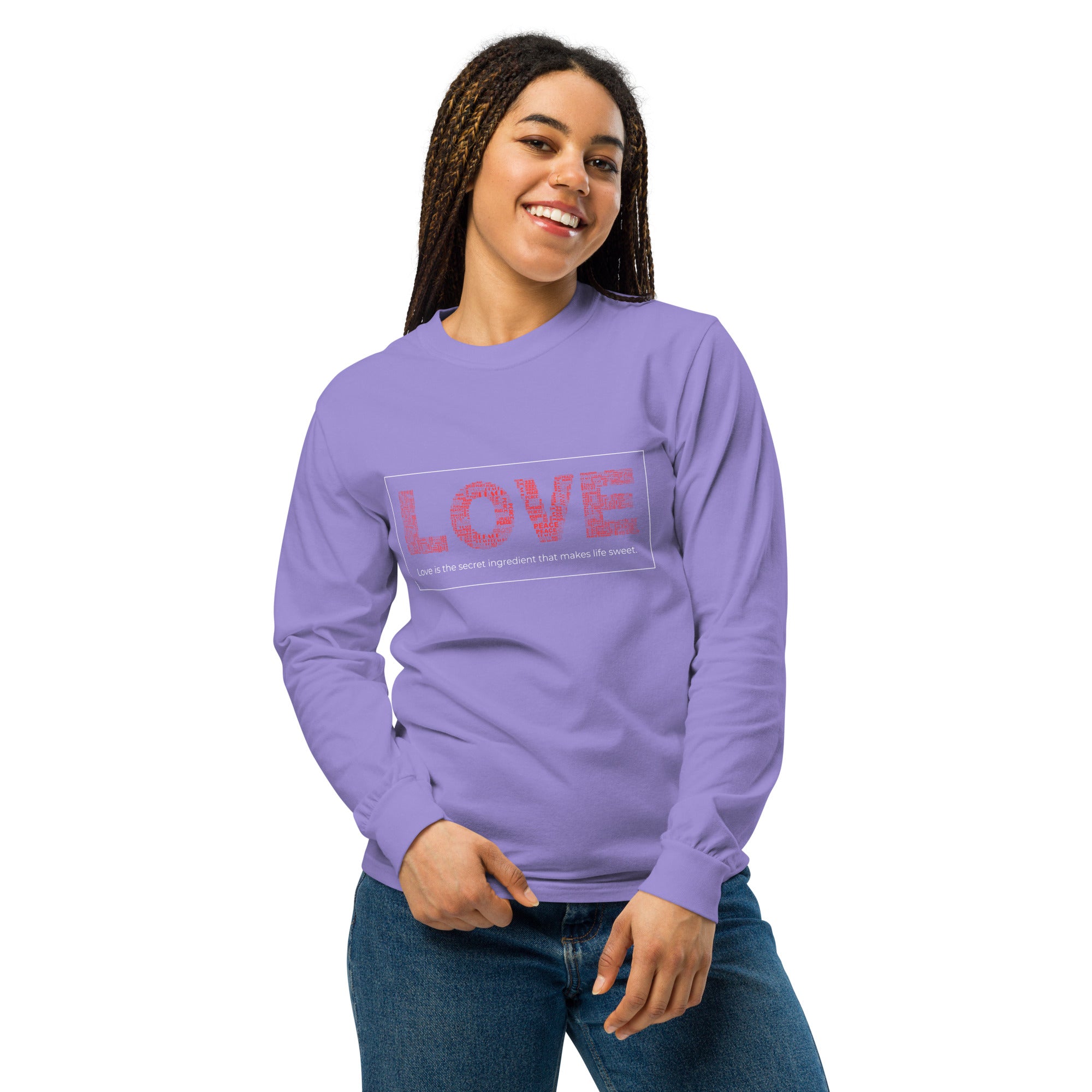 Unisex Garment-dyed heavyweight long-sleeve shirt | Love long-sleeve shirt AwRans Clothing unisex-garment-dyed-heavyweight-long-sleeve-shirt-violet-front-67eab20cb4a0b