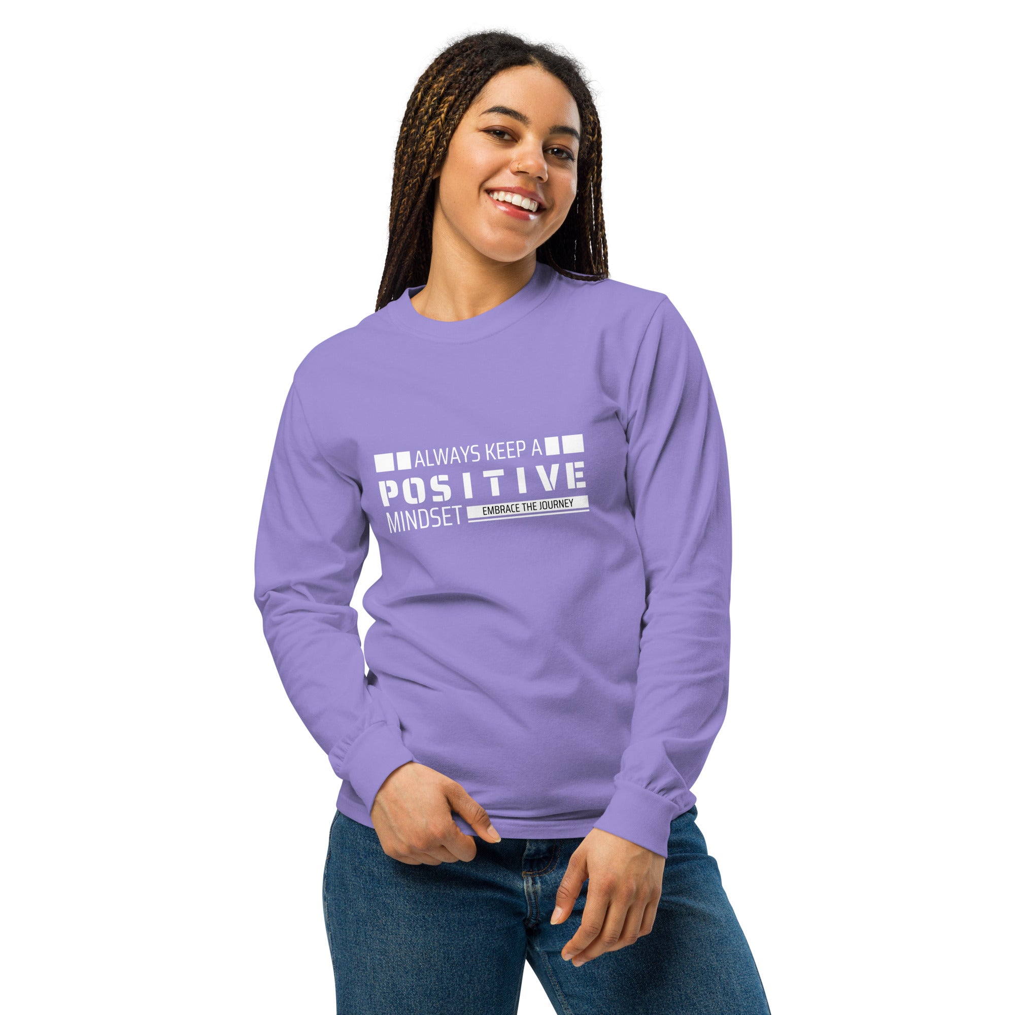 Unisex Garment-dyed heavyweight long-sleeve shirt | Always Keep A Positive Mindset long-sleeve shirt AwRans Clothing unisex-garment-dyed-heavyweight-long-sleeve-shirt-violet-front-67eab2c33a8a6