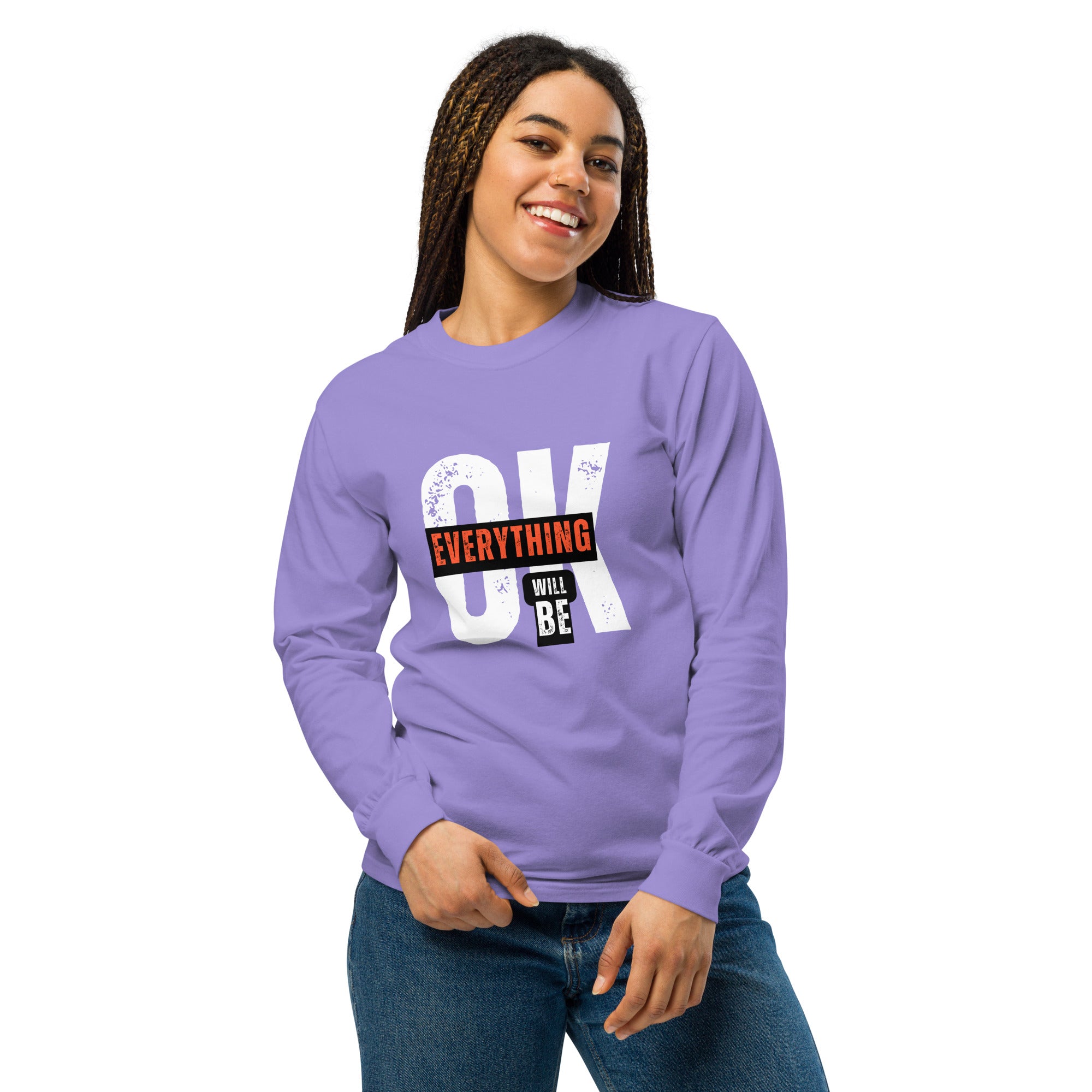 Unisex Garment-dyed heavyweight long-sleeve shirt | Everything Will Be Ok long-sleeve shirt AwRans Clothing unisex-garment-dyed-heavyweight-long-sleeve-shirt-violet-front-67eab3790ac0f