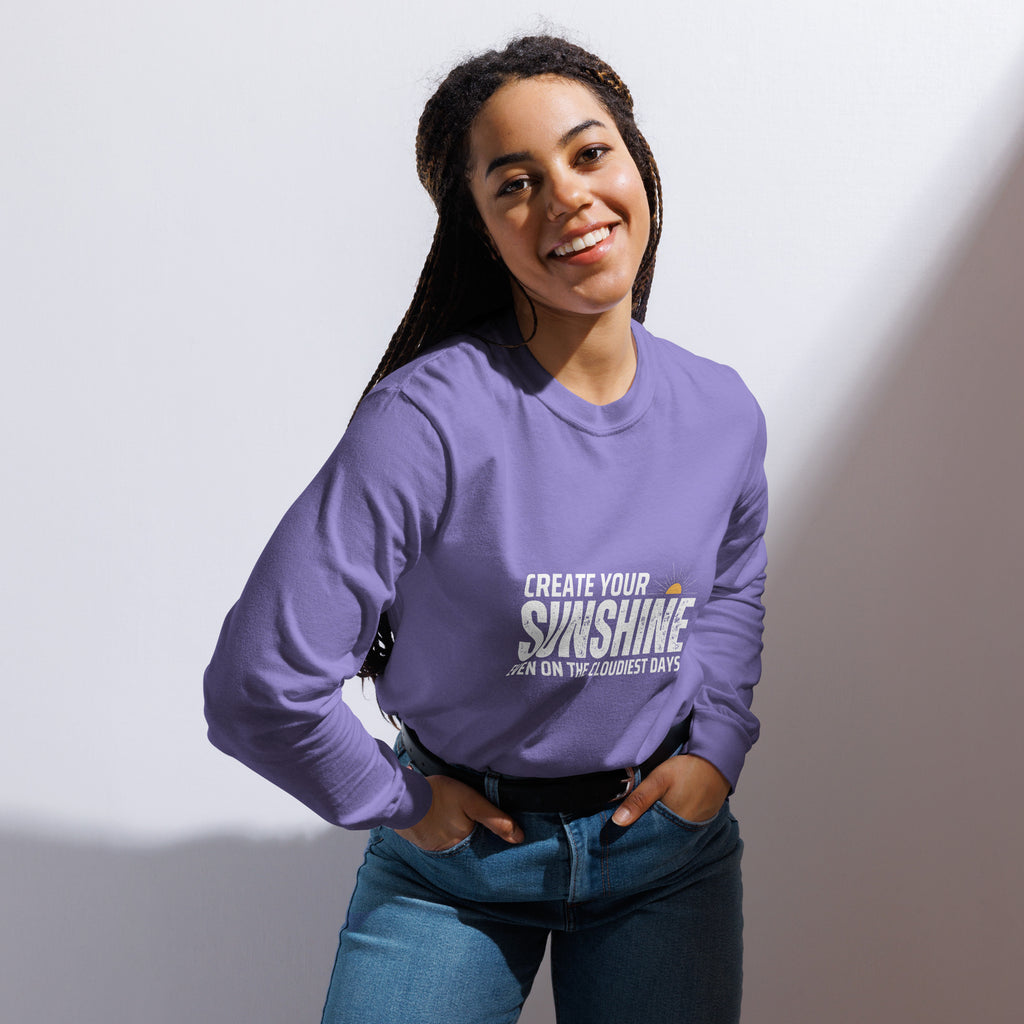 Unisex Garment-dyed heavyweight long-sleeve shirt | Create Your Sunshine long-sleeve shirt AwRans Clothing unisex-garment-dyed-heavyweight-long-sleeve-shirt-violet-front-67eab77392e10