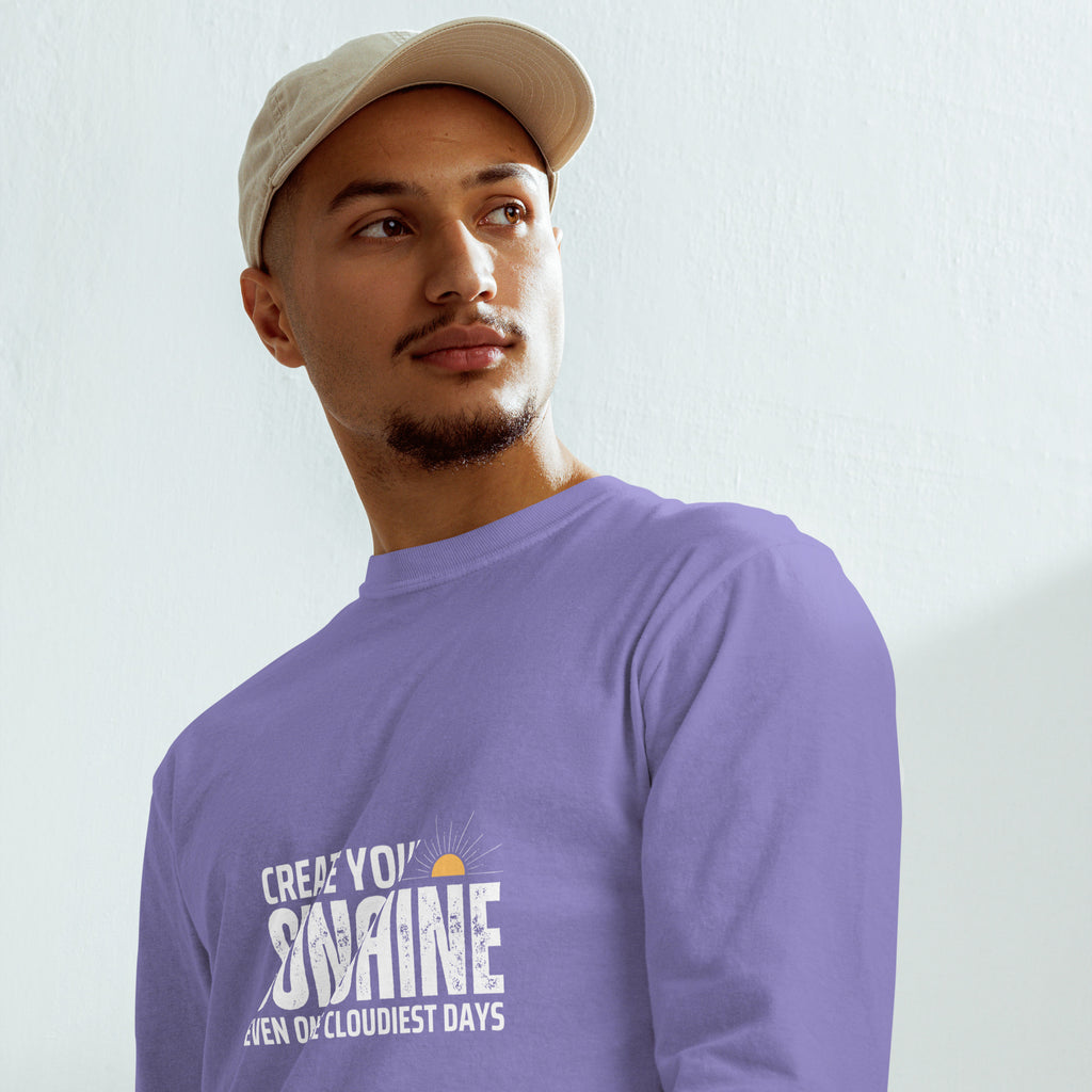 Unisex Garment-dyed heavyweight long-sleeve shirt | Create Your Sunshine long-sleeve shirt AwRans Clothing unisex-garment-dyed-heavyweight-long-sleeve-shirt-violet-front-67eab7739a249