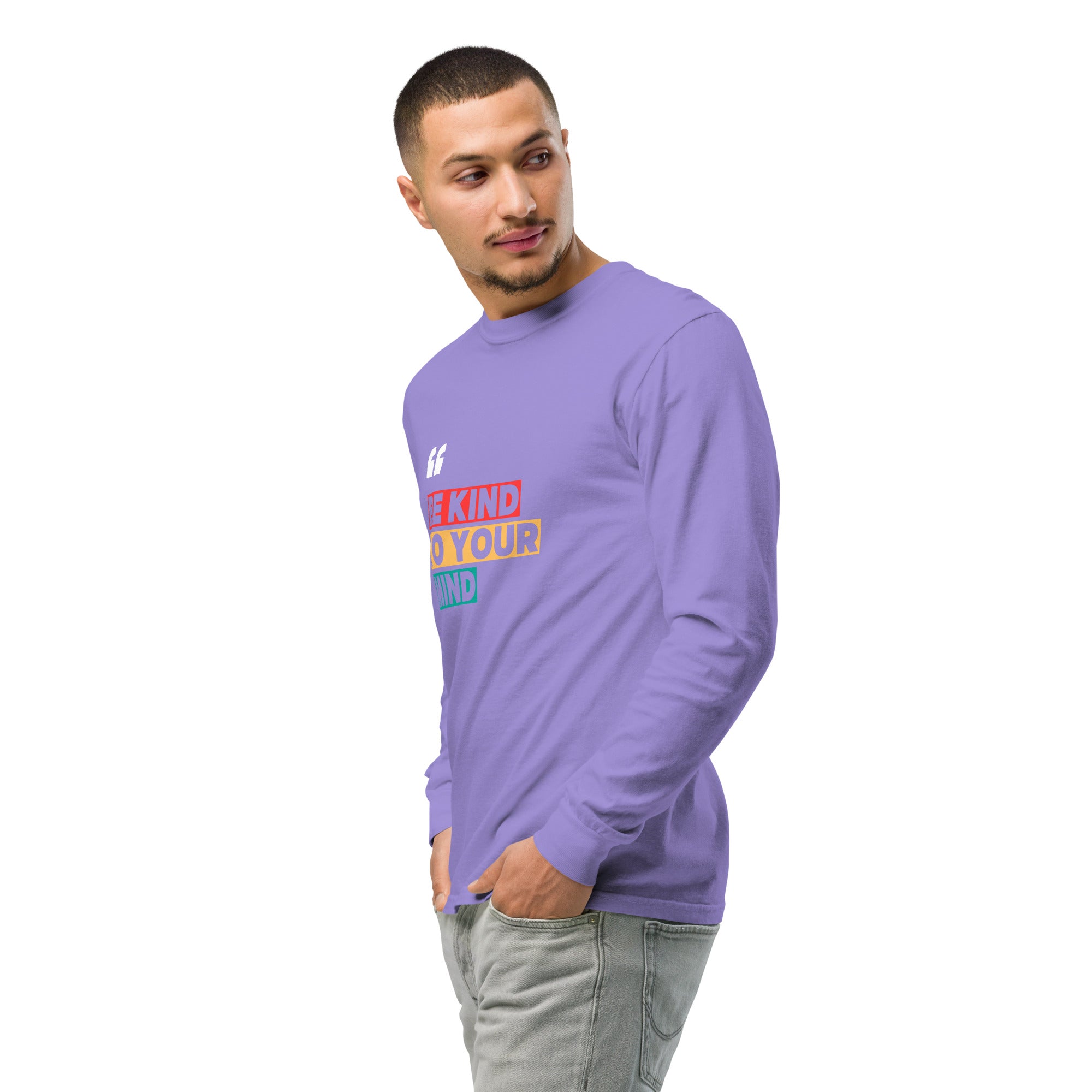 Unisex Garment-dyed heavyweight long-sleeve shirt | Be Kind To Your Mind long-sleeve shirt AwRans Clothing unisex-garment-dyed-heavyweight-long-sleeve-shirt-violet-left-front-2-67eaaff18cfe2