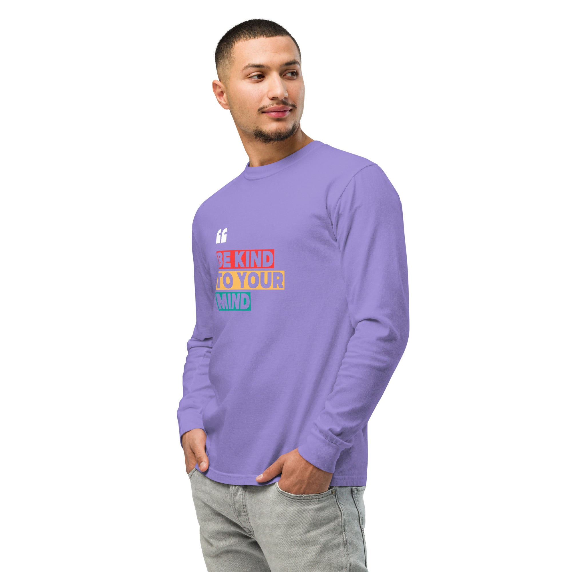 Unisex Garment-dyed heavyweight long-sleeve shirt | Be Kind To Your Mind long-sleeve shirt AwRans Clothing unisex-garment-dyed-heavyweight-long-sleeve-shirt-violet-left-front-67eaaff19b255