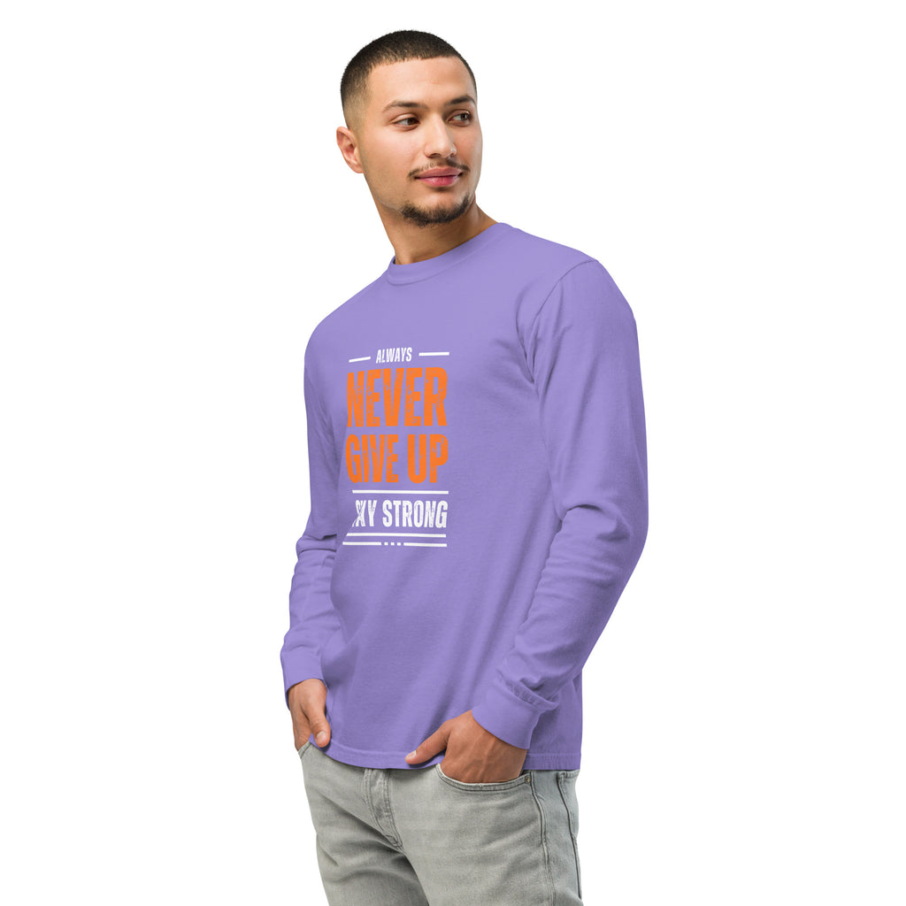 Unisex Garment-dyed heavyweight long-sleeve shirt | Always Never Give Up Stay Strong long-sleeve shirt AwRans Clothing unisex-garment-dyed-heavyweight-long-sleeve-shirt-violet-left-front-67eab0a404807