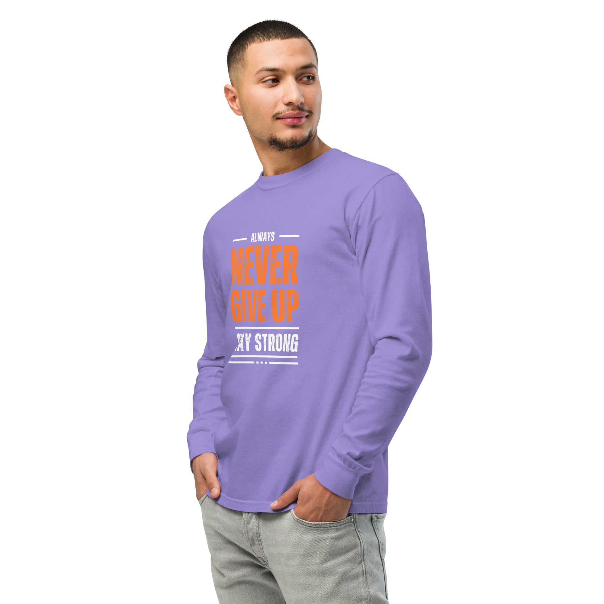 Unisex Garment-dyed heavyweight long-sleeve shirt | Always Never Give Up Stay Strong long-sleeve shirt AwRans Clothing unisex-garment-dyed-heavyweight-long-sleeve-shirt-violet-left-front-67eab0a404807