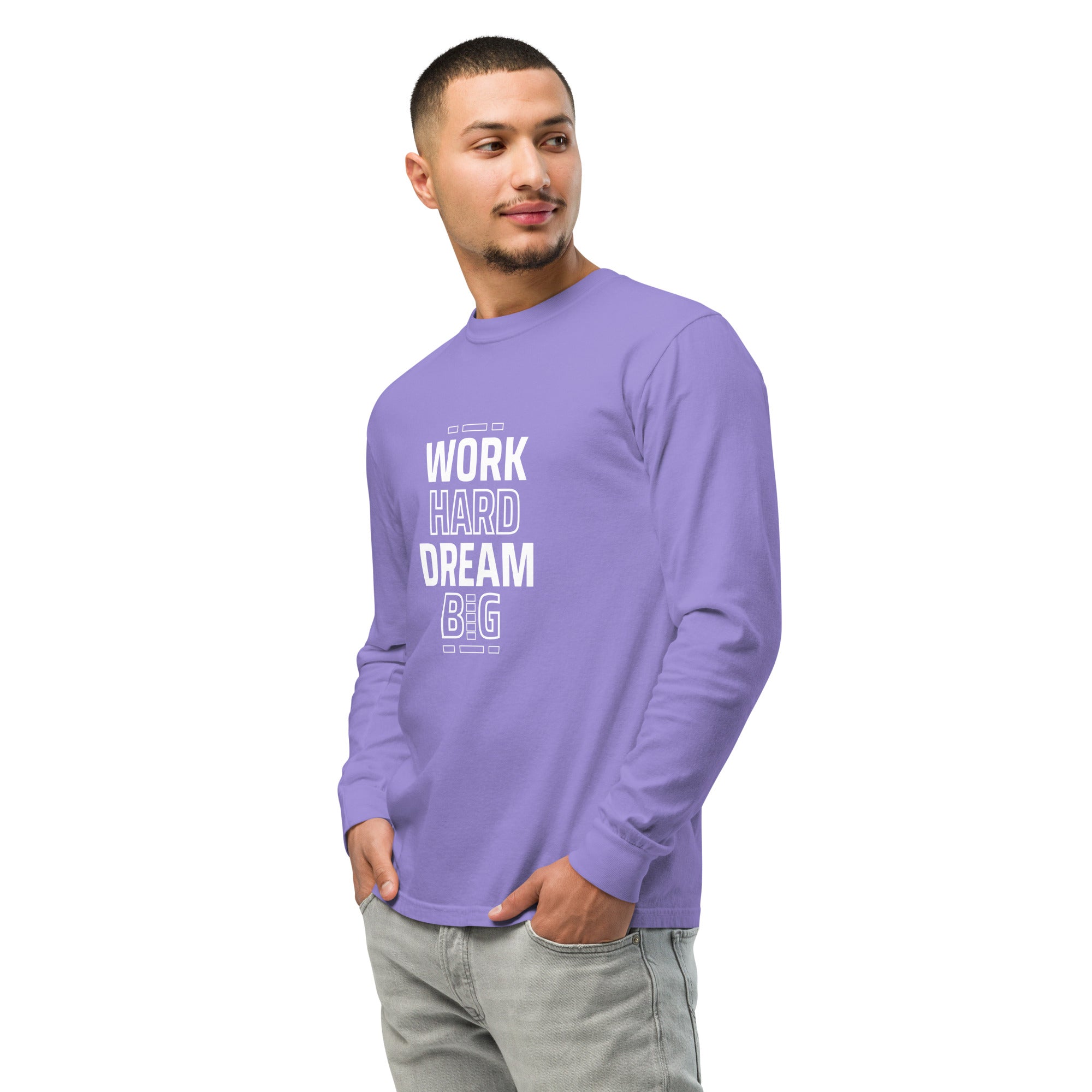 Unisex Garment-dyed heavyweight long-sleeve shirt | Work Hard , Dream Big long-sleeve shirt AwRans Clothing unisex-garment-dyed-heavyweight-long-sleeve-shirt-violet-left-front-67eab157d9fa8