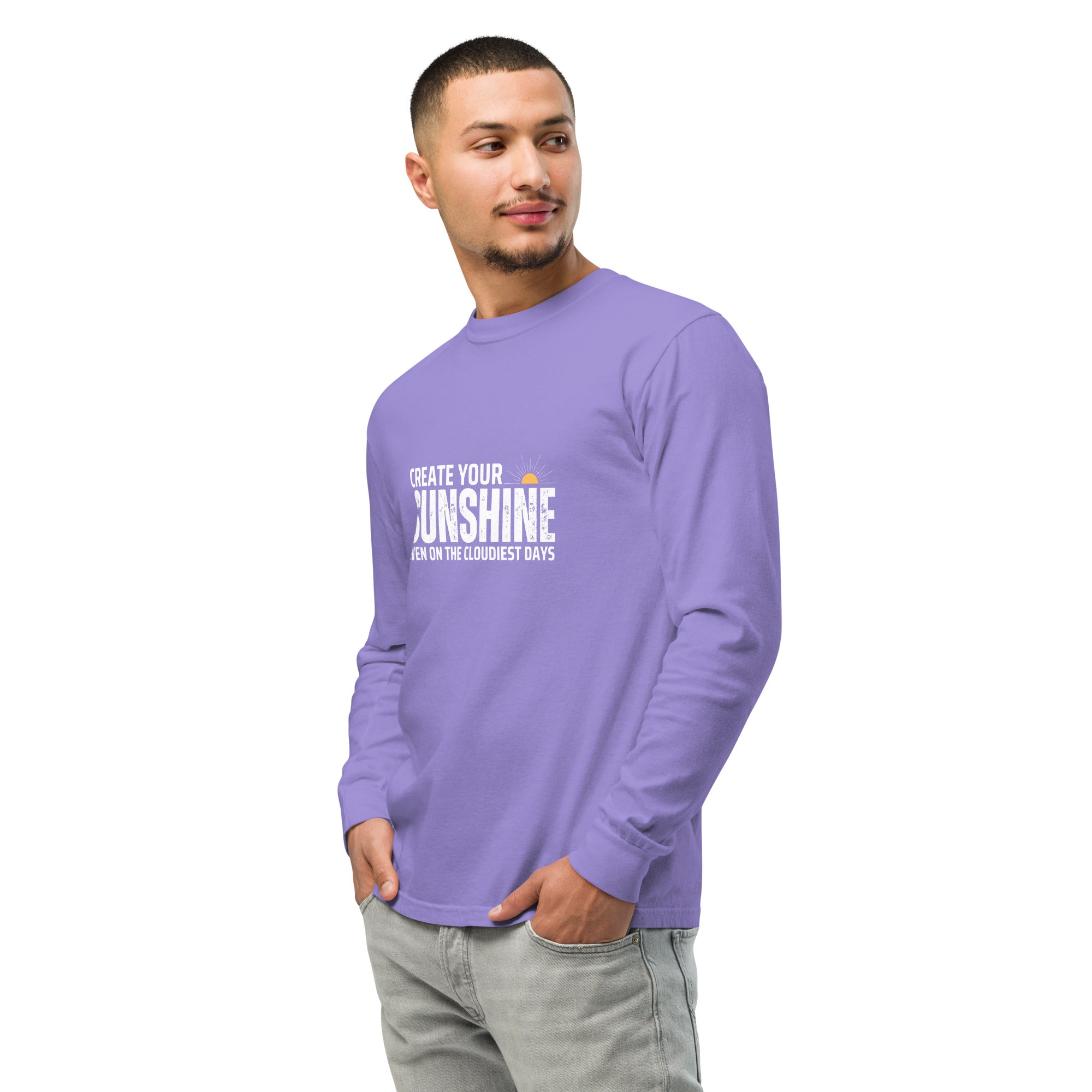 Unisex Garment-dyed heavyweight long-sleeve shirt | Create Your Sunshine long-sleeve shirt AwRans Clothing unisex-garment-dyed-heavyweight-long-sleeve-shirt-violet-left-front-67eab77396bc1
