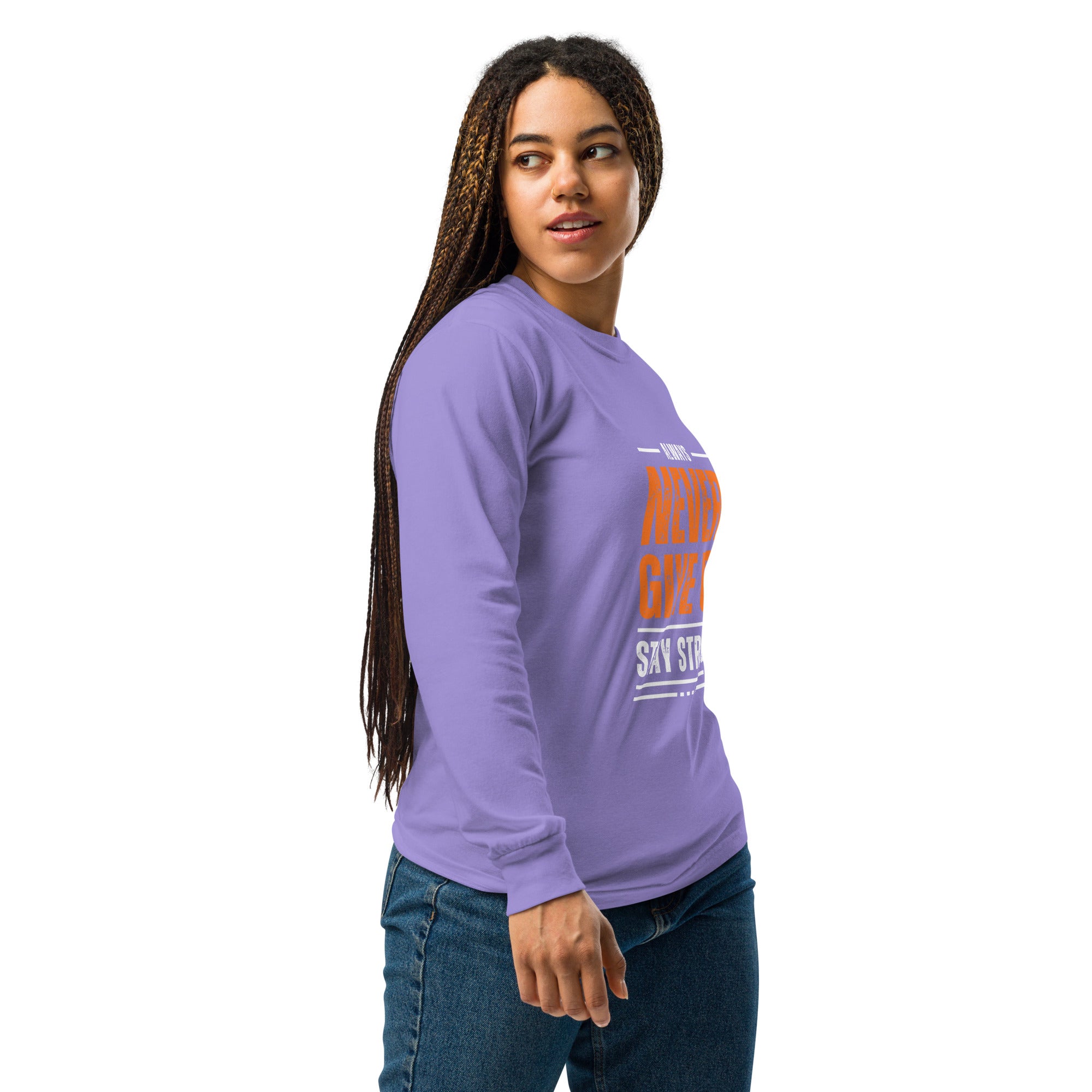 Unisex Garment-dyed heavyweight long-sleeve shirt | Always Never Give Up Stay Strong long-sleeve shirt AwRans Clothing unisex-garment-dyed-heavyweight-long-sleeve-shirt-violet-right-67eab0a4032d3