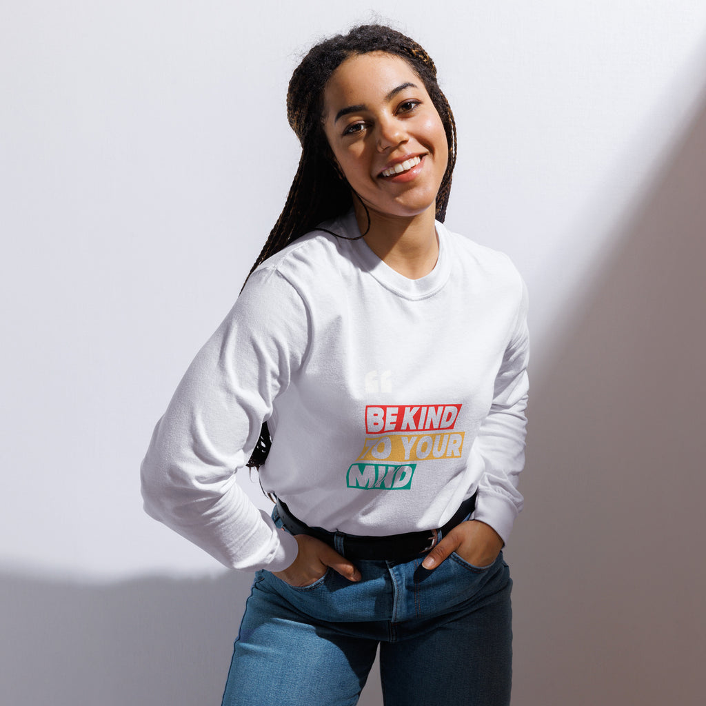 Unisex Garment-dyed heavyweight long-sleeve shirt | Be Kind To Your Mind long-sleeve shirt AwRans Clothing unisex-garment-dyed-heavyweight-long-sleeve-shirt-white-front-67eaaff1a3eb1