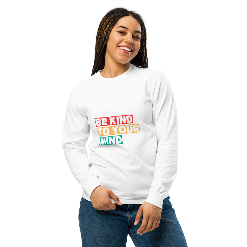 Unisex Garment-dyed heavyweight long-sleeve shirt | Be Kind To Your Mind long-sleeve shirt AwRans Clothing unisex-garment-dyed-heavyweight-long-sleeve-shirt-white-front-67eaaff1ae61c