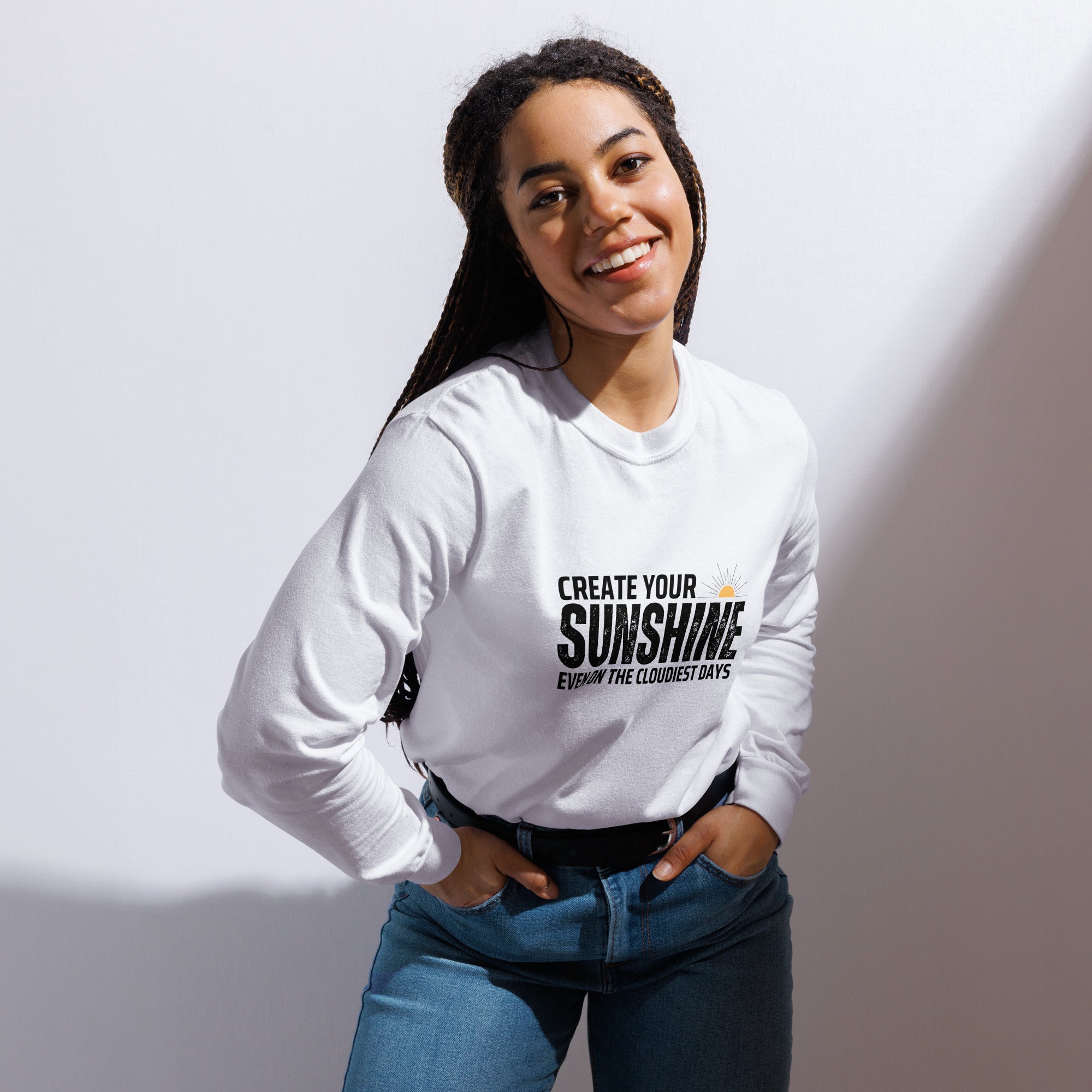Unisex Garment-dyed heavyweight long-sleeve shirt | Create Your Sunshine long-sleeve shirt AwRans Clothing unisex-garment-dyed-heavyweight-long-sleeve-shirt-white-front-67f015d5eac52