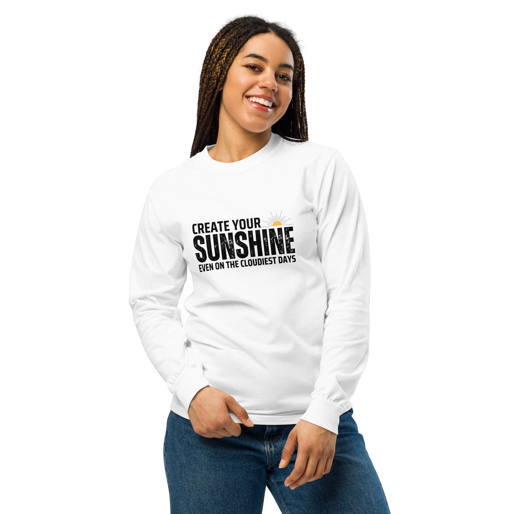 Unisex Garment-dyed heavyweight long-sleeve shirt | Create Your Sunshine long-sleeve shirt AwRans Clothing unisex-garment-dyed-heavyweight-long-sleeve-shirt-white-front-67f015d5eb524