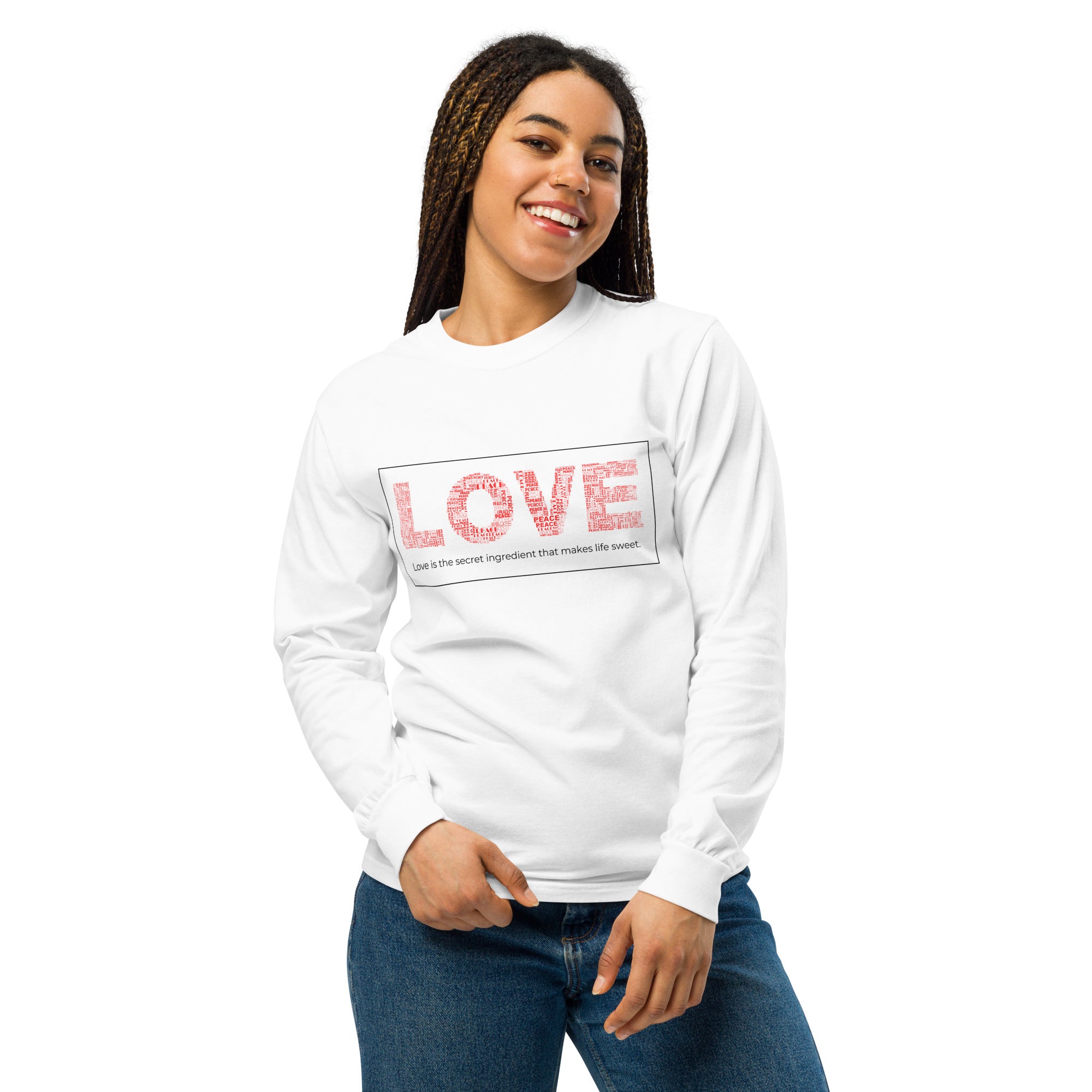 Unisex Garment-dyed heavyweight long-sleeve shirt | Love long-sleeve shirt AwRans Clothing unisex-garment-dyed-heavyweight-long-sleeve-shirt-white-front-67f0415830232