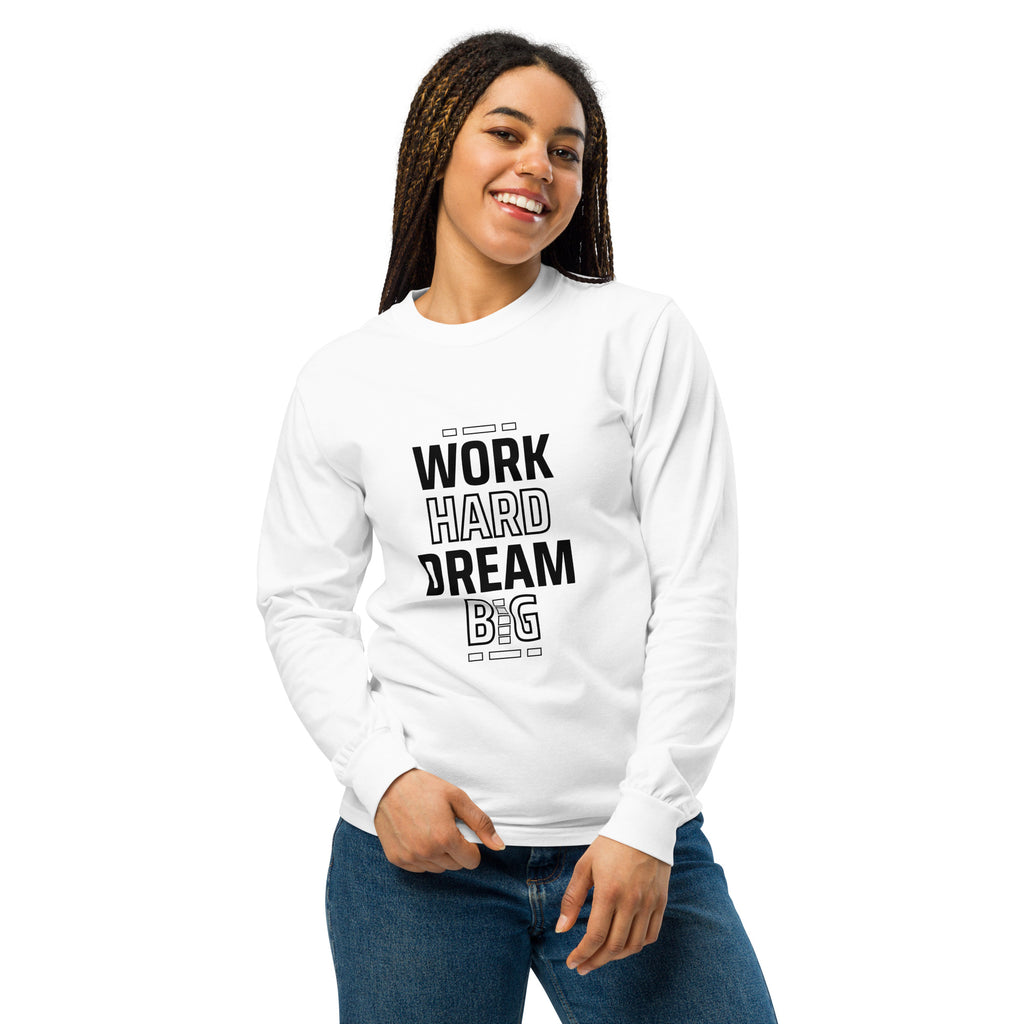 Unisex Garment-dyed heavyweight long-sleeve shirt | Work Hard , Dream Big long-sleeve shirt AwRans Clothing unisex-garment-dyed-heavyweight-long-sleeve-shirt-white-front-67f041a3ba553