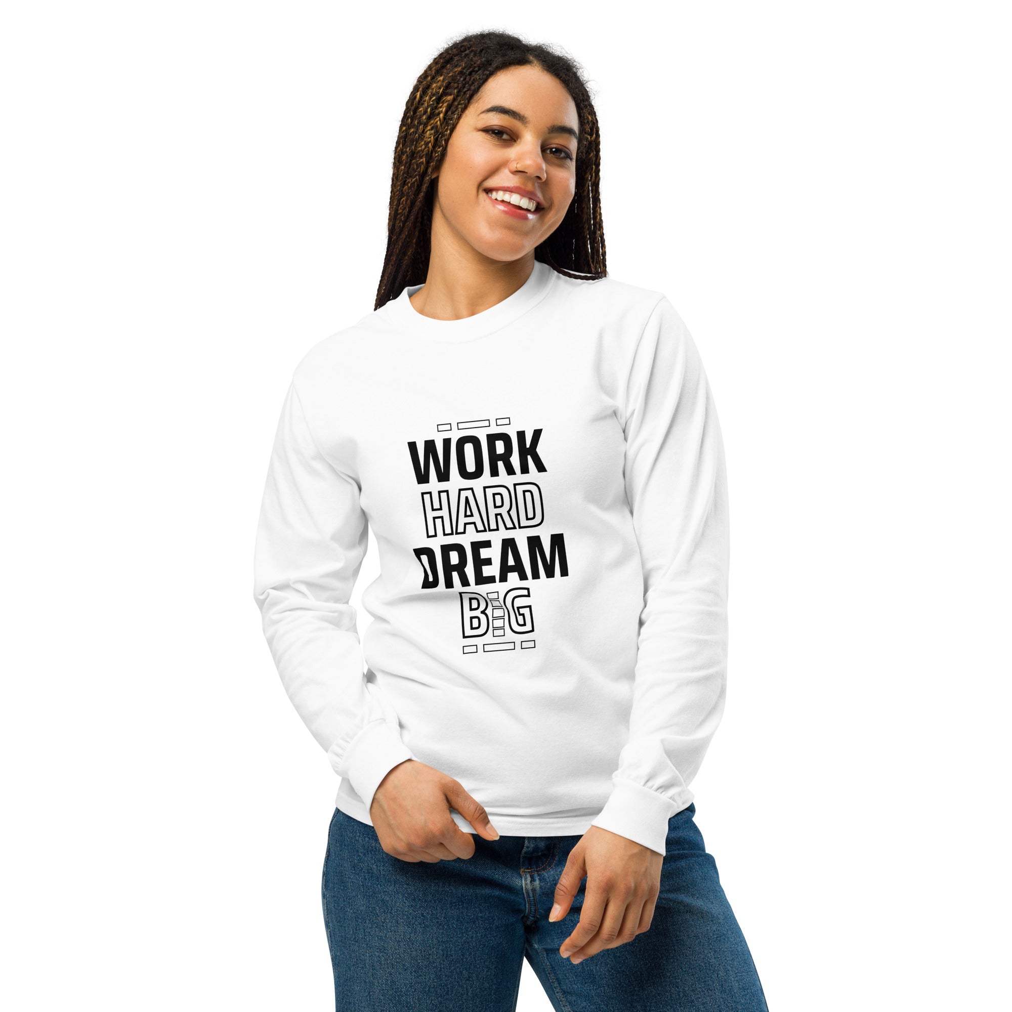 Unisex Garment-dyed heavyweight long-sleeve shirt | Work Hard , Dream Big long-sleeve shirt AwRans Clothing unisex-garment-dyed-heavyweight-long-sleeve-shirt-white-front-67f041a3ba553