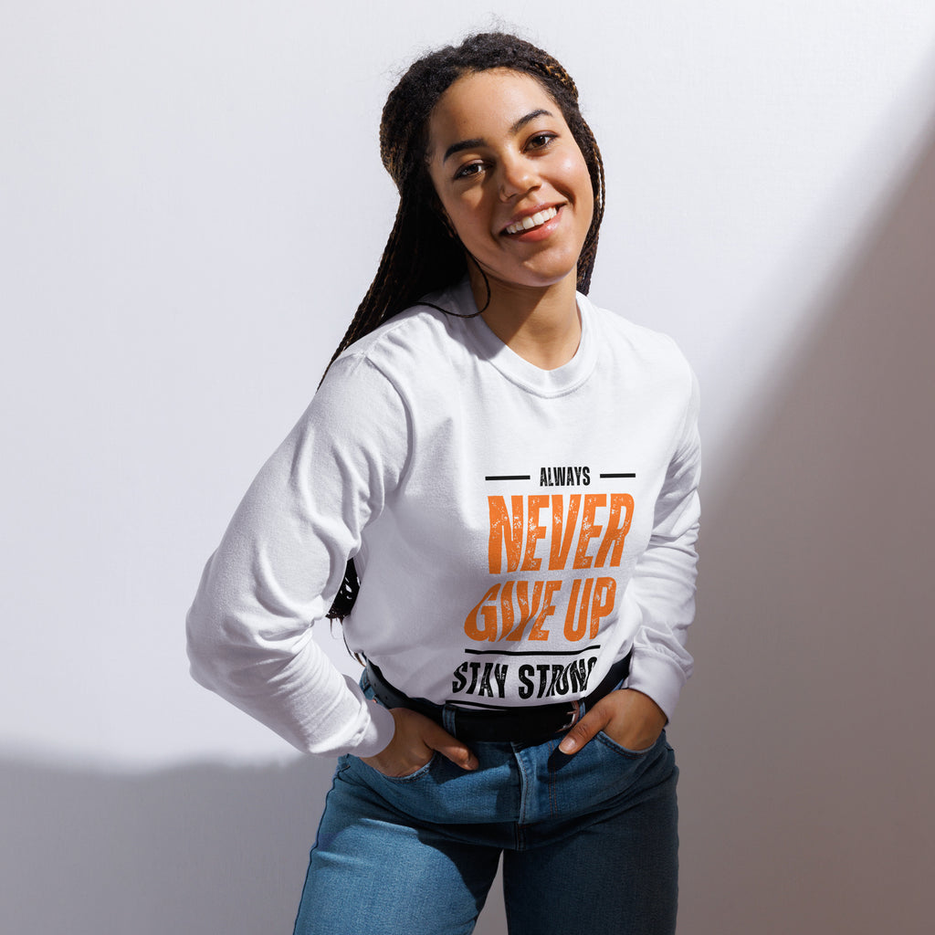 Unisex Garment-dyed heavyweight long-sleeve shirt | Always Never Give Up Stay Strong long-sleeve shirt AwRans Clothing unisex-garment-dyed-heavyweight-long-sleeve-shirt-white-front-67f042b7519d1