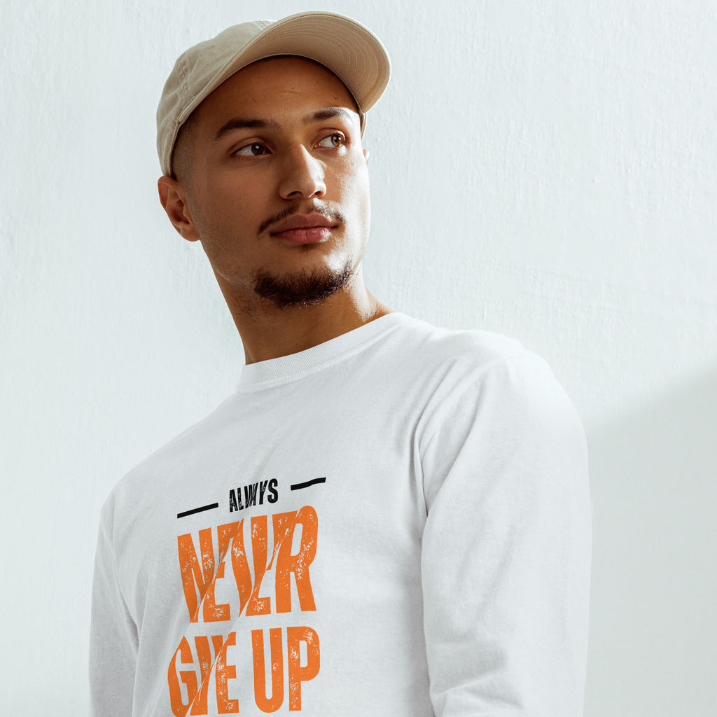 Unisex Garment-dyed heavyweight long-sleeve shirt | Always Never Give Up Stay Strong long-sleeve shirt AwRans Clothing unisex-garment-dyed-heavyweight-long-sleeve-shirt-white-front-67f042b752347