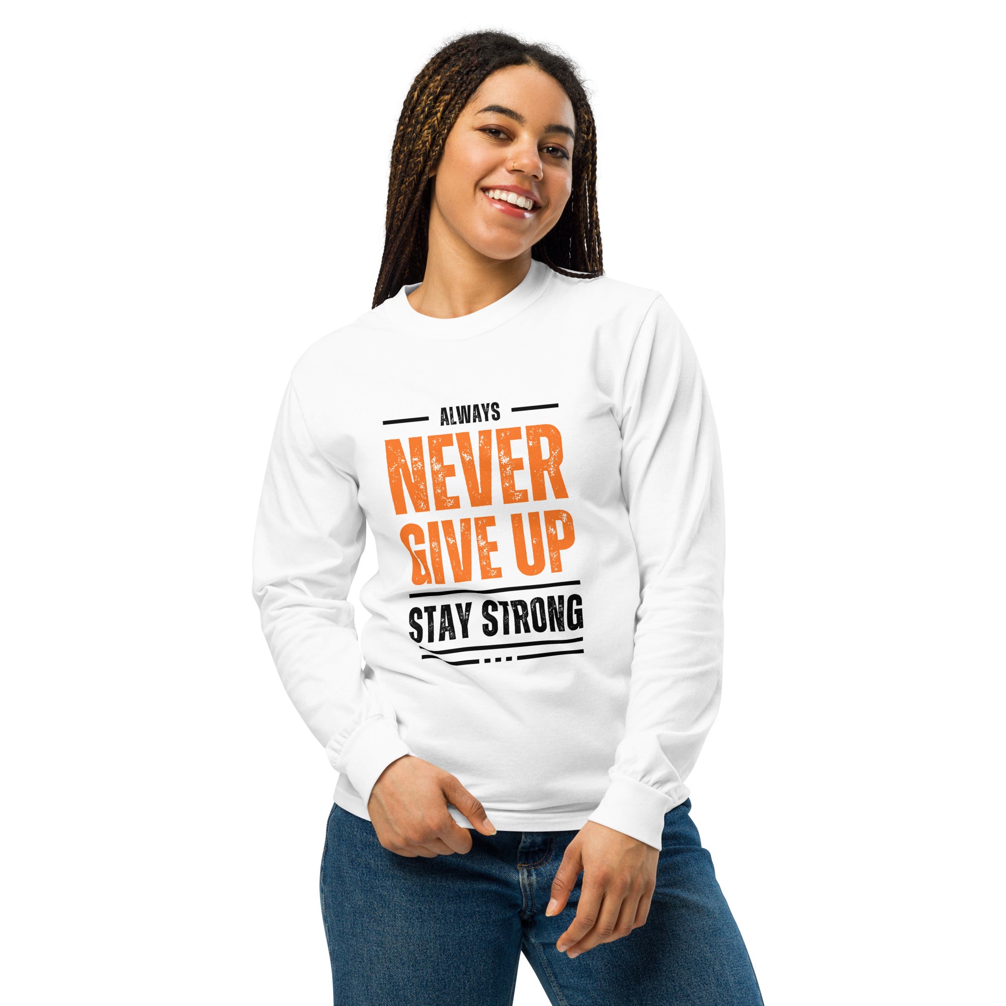 Unisex Garment-dyed heavyweight long-sleeve shirt | Always Never Give Up Stay Strong long-sleeve shirt AwRans Clothing unisex-garment-dyed-heavyweight-long-sleeve-shirt-white-front-67f042b752be0