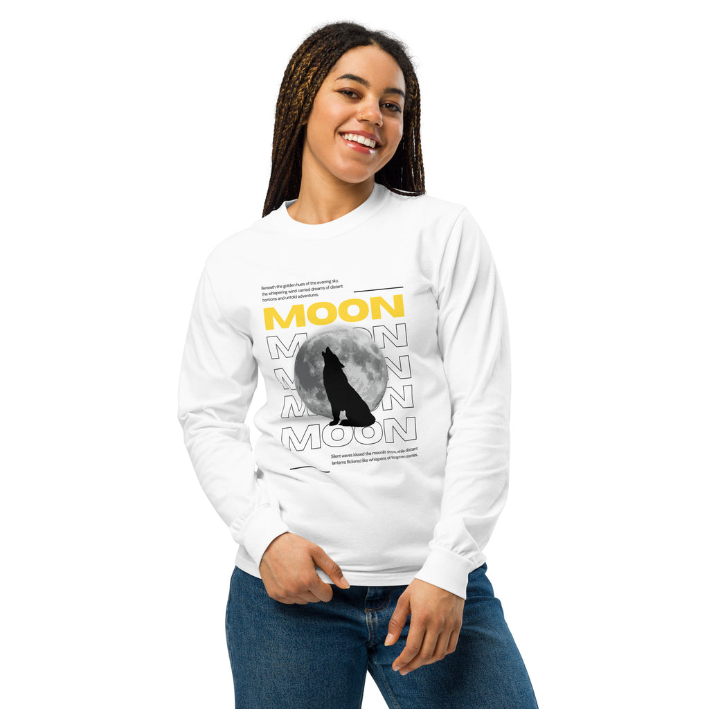 Unisex Garment-dyed heavyweight long-sleeve shirt | Moon long-sleeve shirt AwRans Clothing unisex-garment-dyed-heavyweight-long-sleeve-shirt-white-front-67f043149fd6b