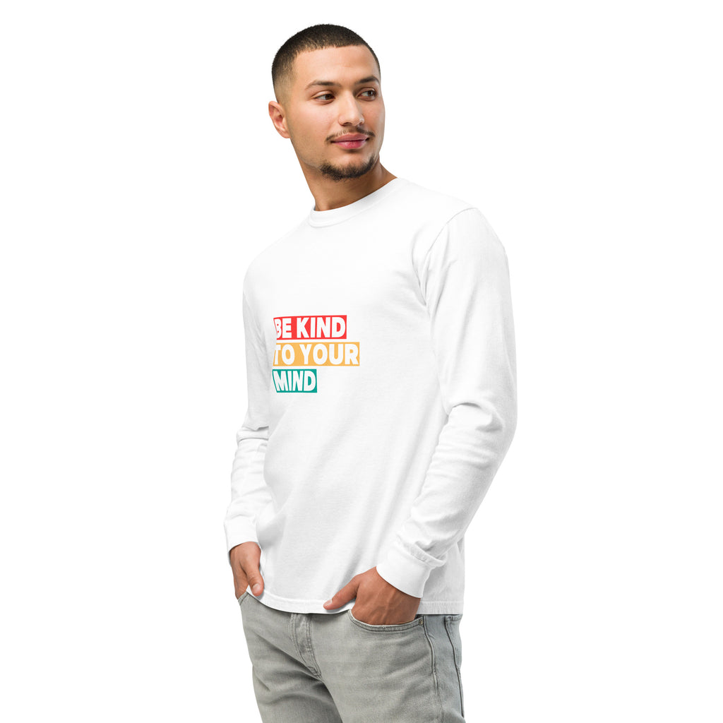 Unisex Garment-dyed heavyweight long-sleeve shirt | Be Kind To Your Mind long-sleeve shirt AwRans Clothing unisex-garment-dyed-heavyweight-long-sleeve-shirt-white-left-front-67eaaff1b0f9c