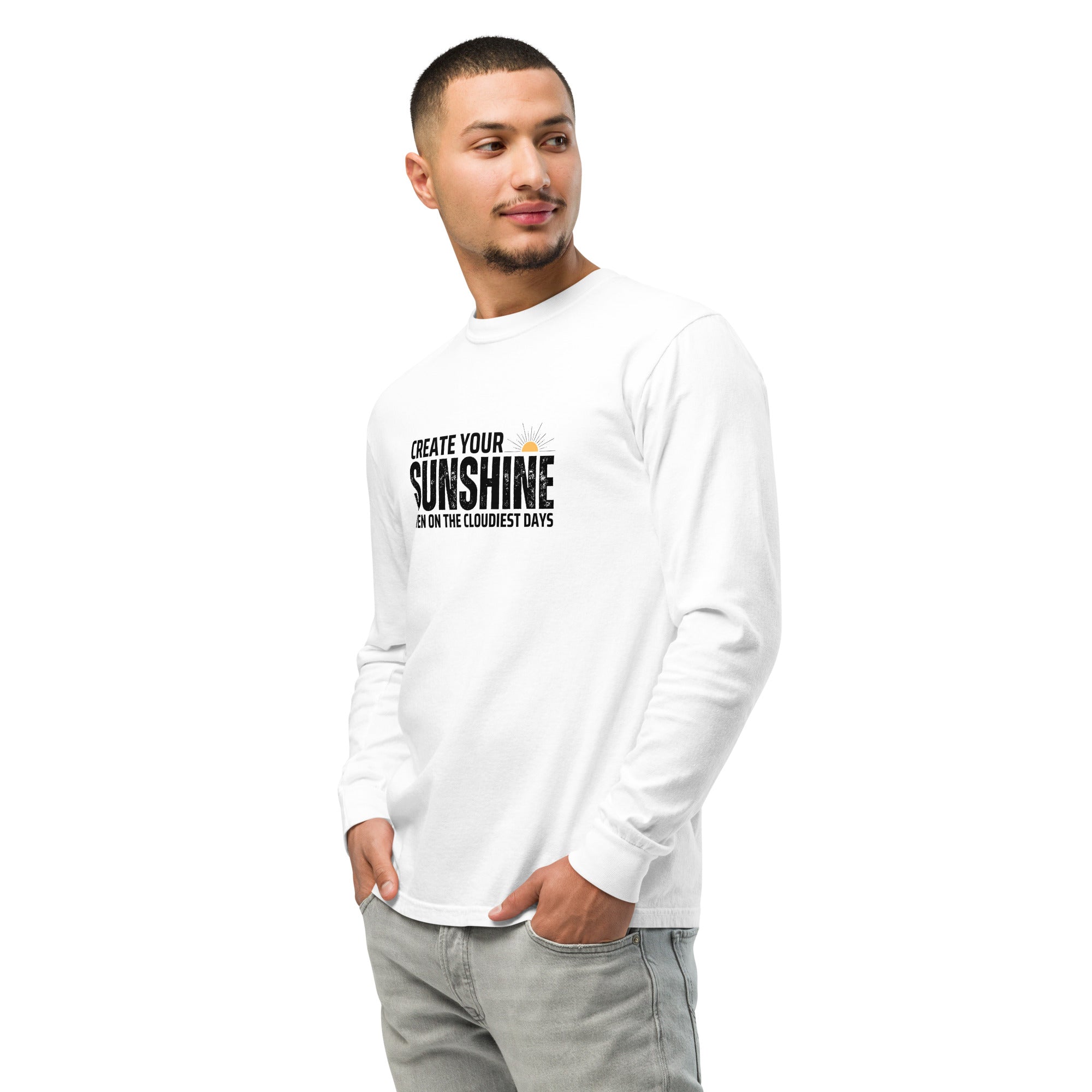 Unisex Garment-dyed heavyweight long-sleeve shirt | Create Your Sunshine long-sleeve shirt AwRans Clothing unisex-garment-dyed-heavyweight-long-sleeve-shirt-white-left-front-67f015d5eb869