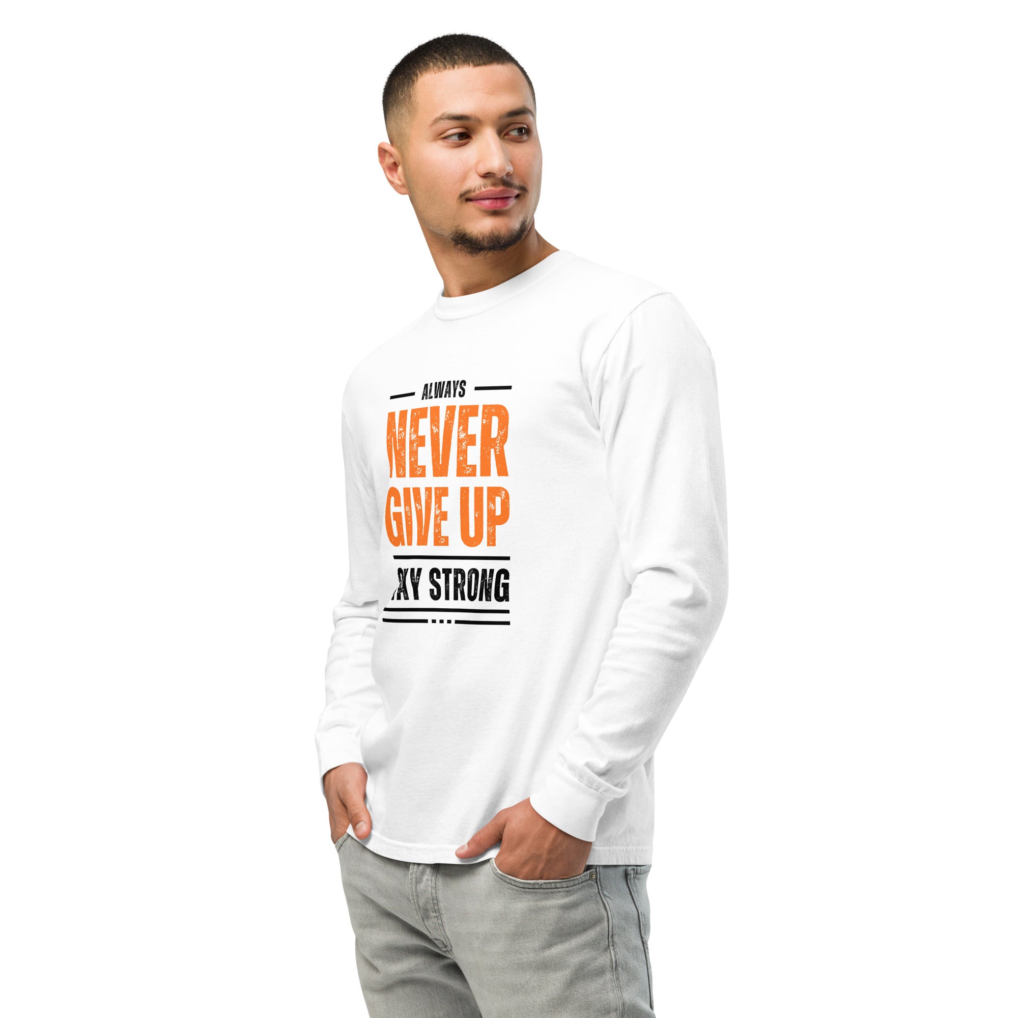 Unisex Garment-dyed heavyweight long-sleeve shirt | Always Never Give Up Stay Strong long-sleeve shirt AwRans Clothing unisex-garment-dyed-heavyweight-long-sleeve-shirt-white-left-front-67f042b7530ab