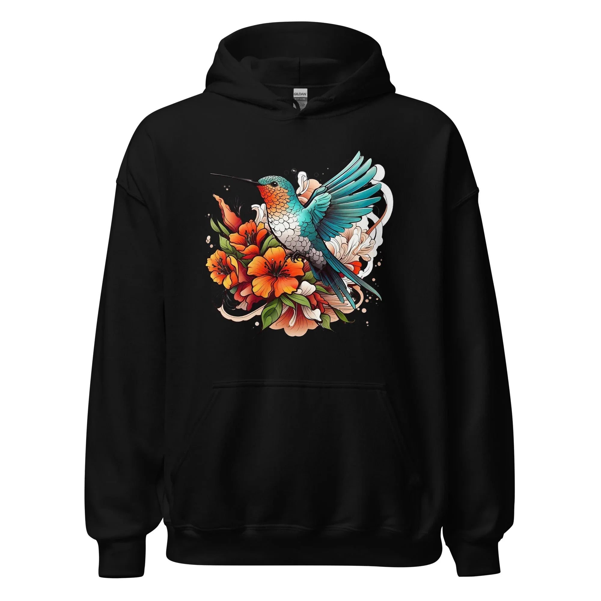 Unisex | Flying Bird With Flowers Hoodie Black hoodie AwRans Clothing unisex-heavy-blend-hoodie-black-front-6614693017c1d
