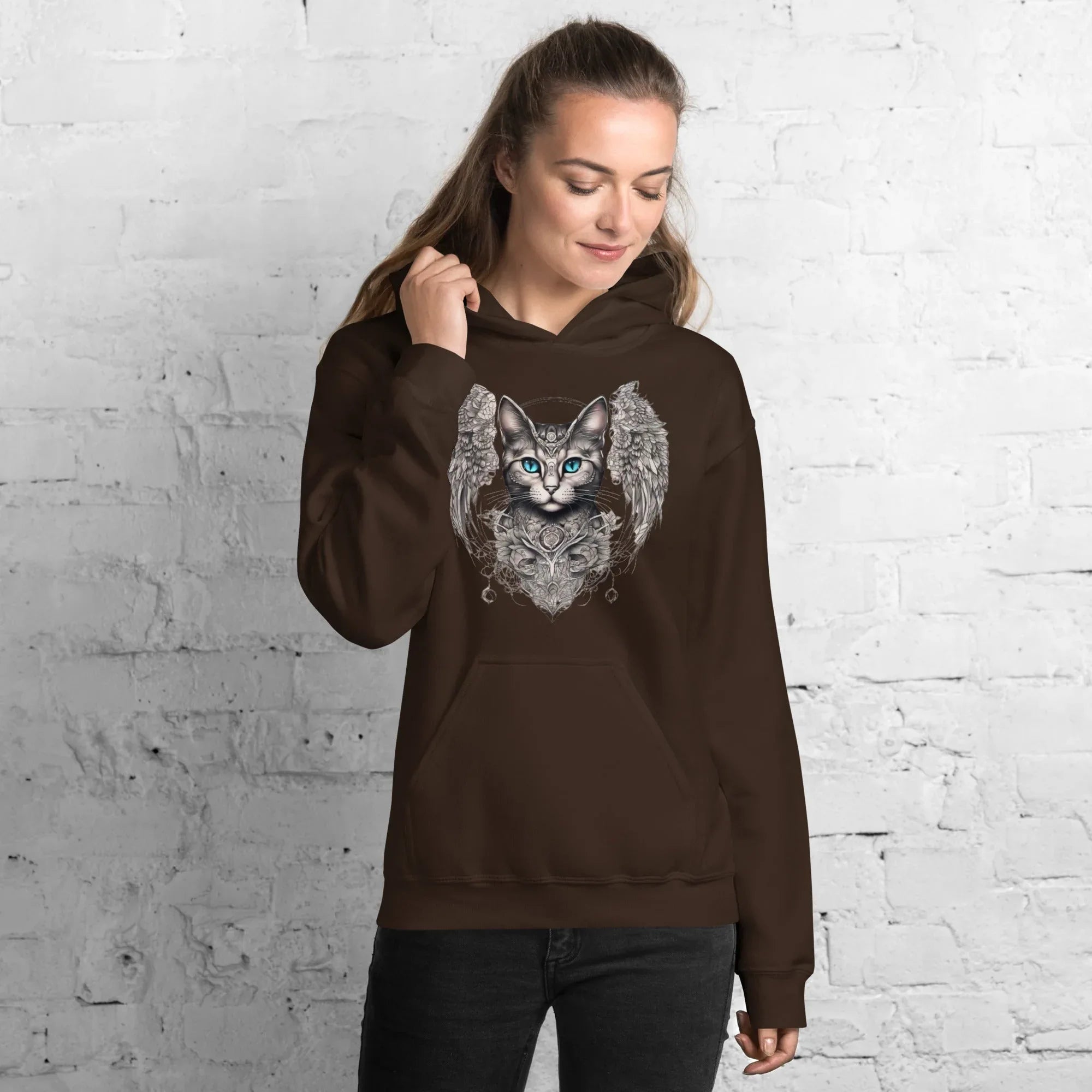 Women's | Cat With Wings Hoodie Dark Chocolate Hoodie AwRans Clothing unisex-heavy-blend-hoodie-dark-chocolate-front-65dbd09d7ac0a
