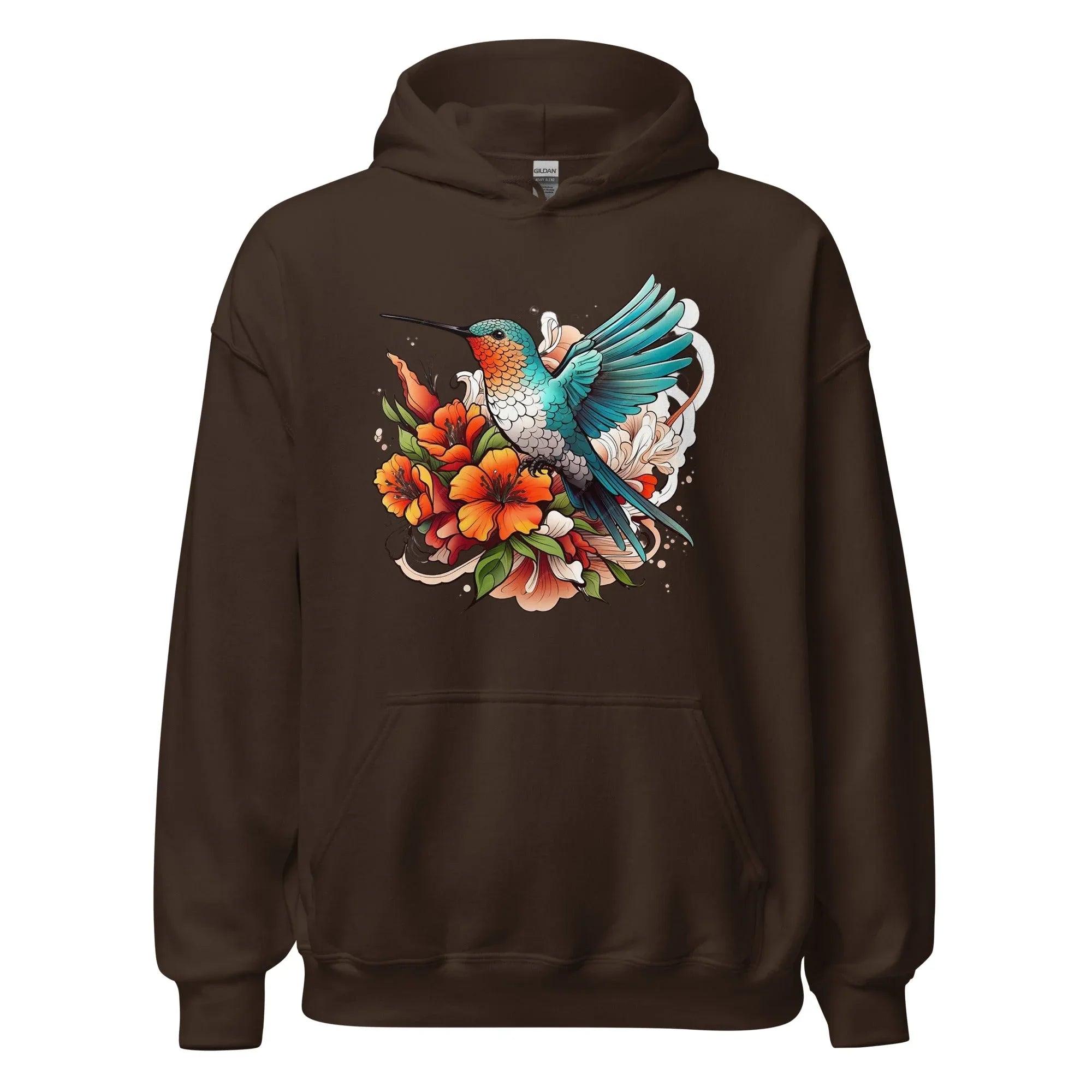 Unisex | Flying Bird With Flowers Hoodie Dark Chocolate hoodie AwRans Clothing unisex-heavy-blend-hoodie-dark-chocolate-front-661469301b6ce