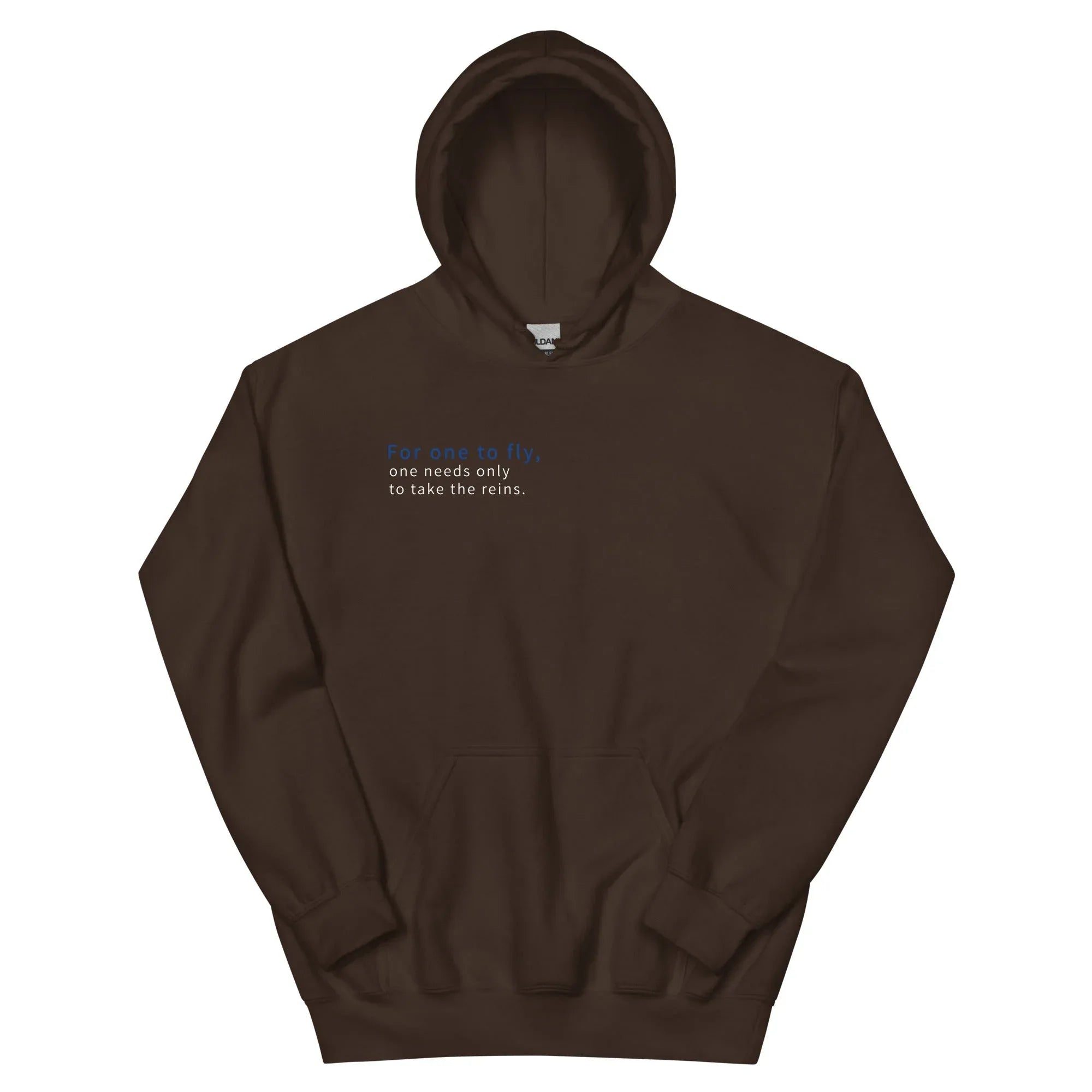 Unisex | For One To Fly One Needs Only To Take The Reins Hoodie Dark Chocolate hoodie AwRans Clothing unisex-heavy-blend-hoodie-dark-chocolate-front-66508873b4943