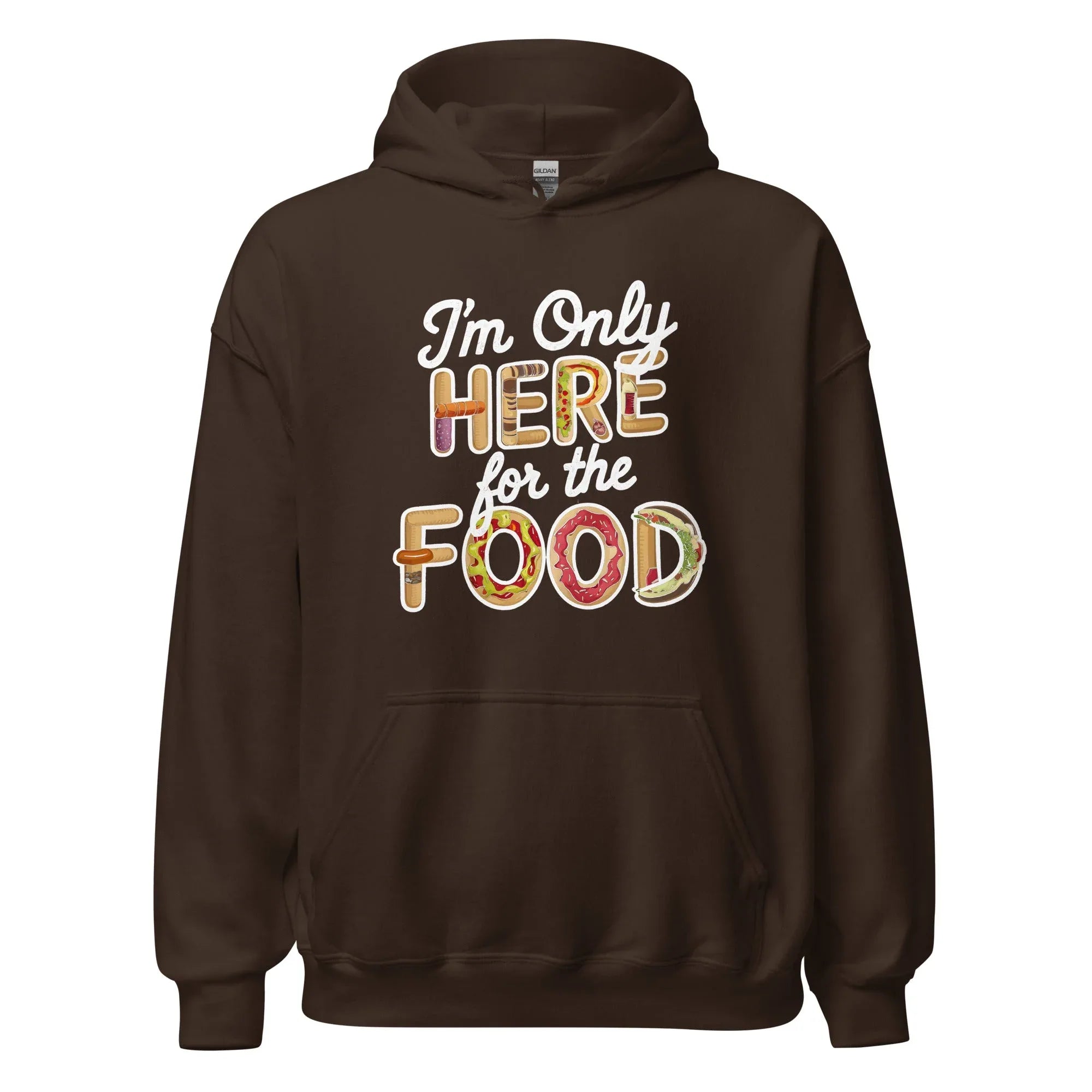 Unisex | I'm Only Here For The Food Hoodie Dark Chocolate hoodie AwRans Clothing unisex-heavy-blend-hoodie-dark-chocolate-front-666586136816d