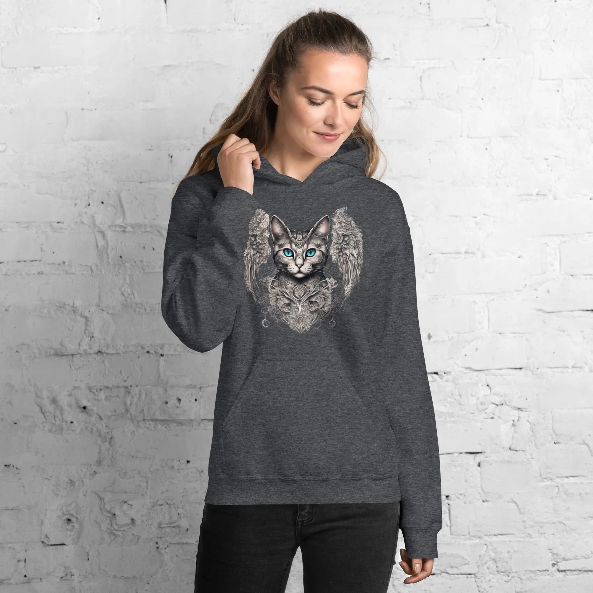 Women's | Cat With Wings Hoodie Dark Heather Hoodie AwRans Clothing unisex-heavy-blend-hoodie-dark-heather-front-65dbd09d7cc8f