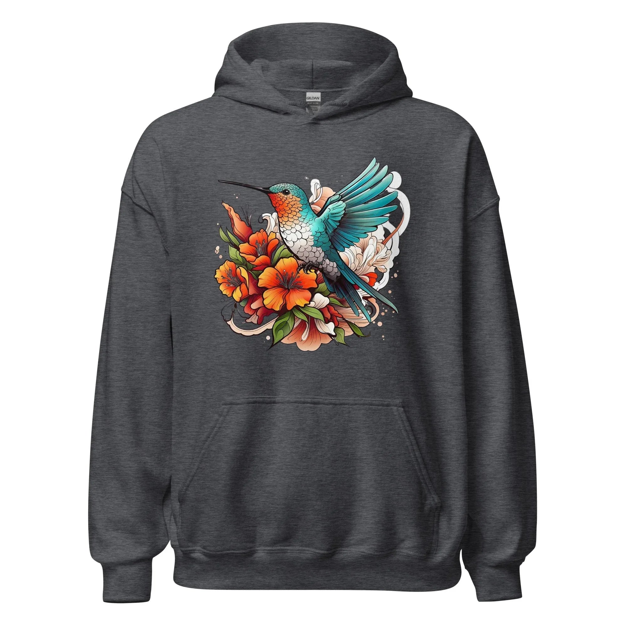 Unisex | Flying Bird With Flowers Hoodie Dark Heather hoodie AwRans Clothing unisex-heavy-blend-hoodie-dark-heather-front-661469301e501