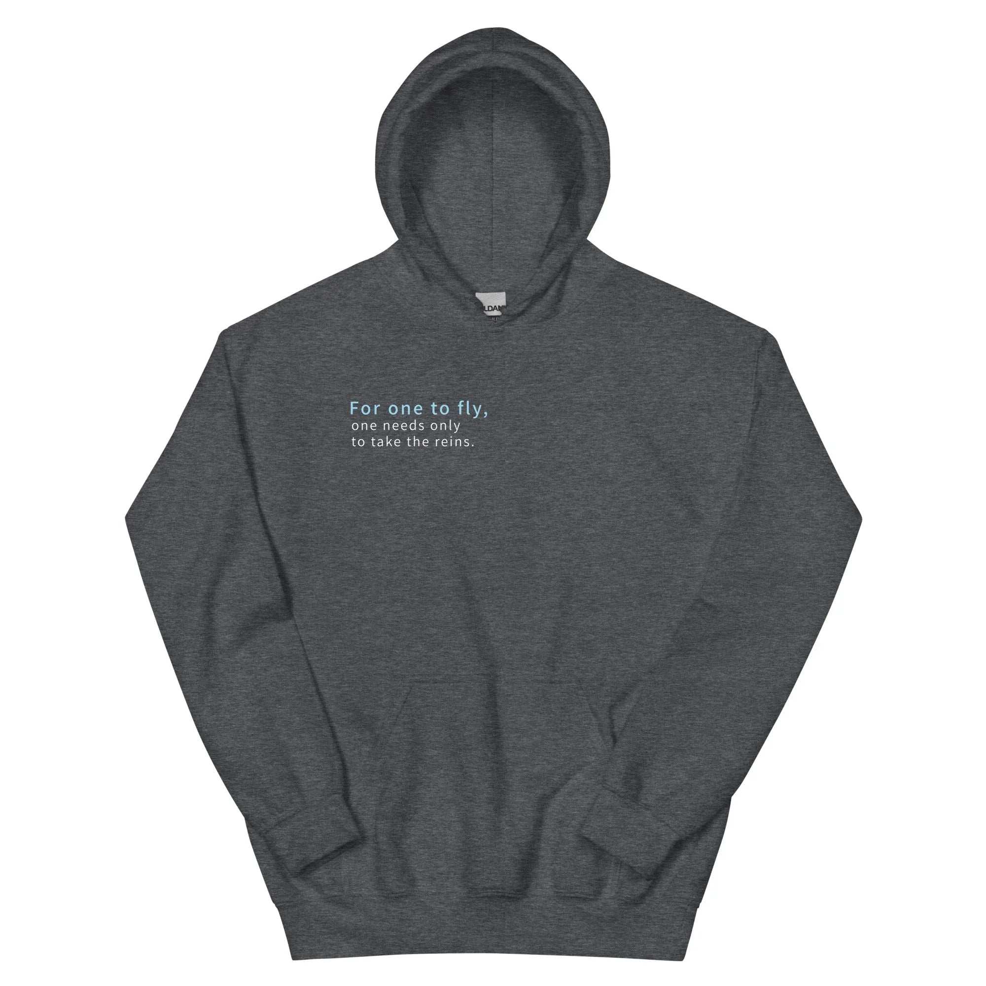 Unisex | For One To Fly One Needs Only To Take The Reins Hoodie Dark Heather hoodie AwRans Clothing unisex-heavy-blend-hoodie-dark-heather-front-66508e93aa916