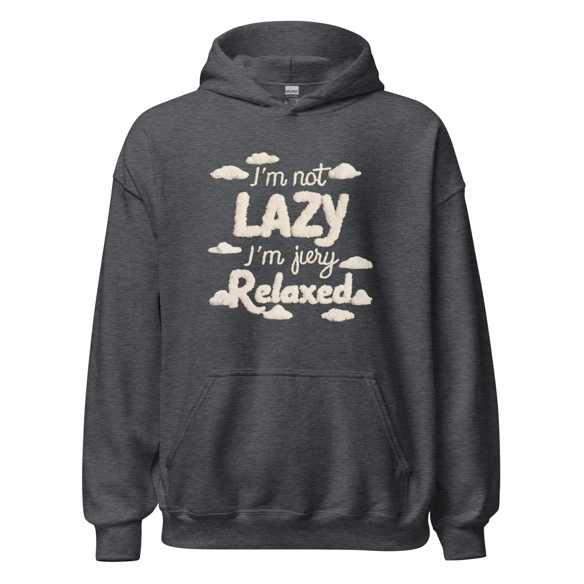 Unisex | I'm Not Lazy I'm Just Relaxed Hoodie Dark Heather hoodie AwRans Clothing unisex-heavy-blend-hoodie-dark-heather-front-665ca18479ee7
