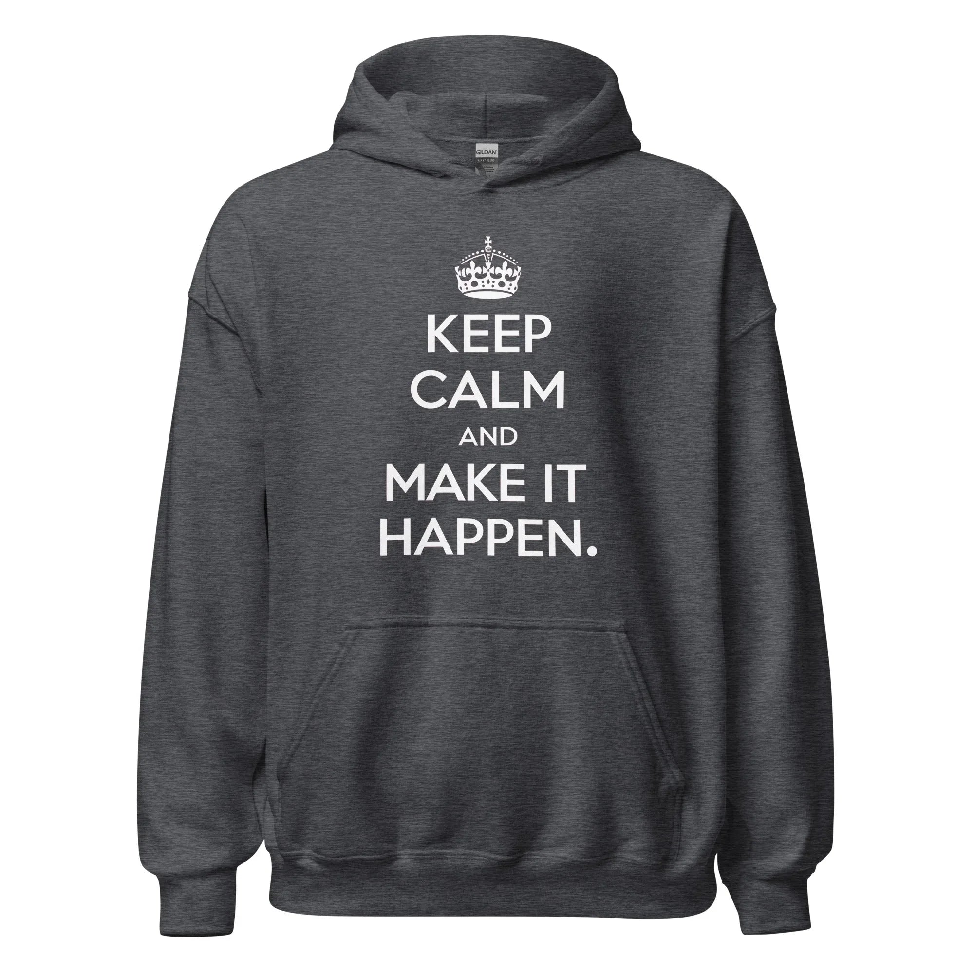Unisex | Keep Calm And Make It Happen Hoodie Dark Heather hoodie AwRans Clothing unisex-heavy-blend-hoodie-dark-heather-front-665d356511226