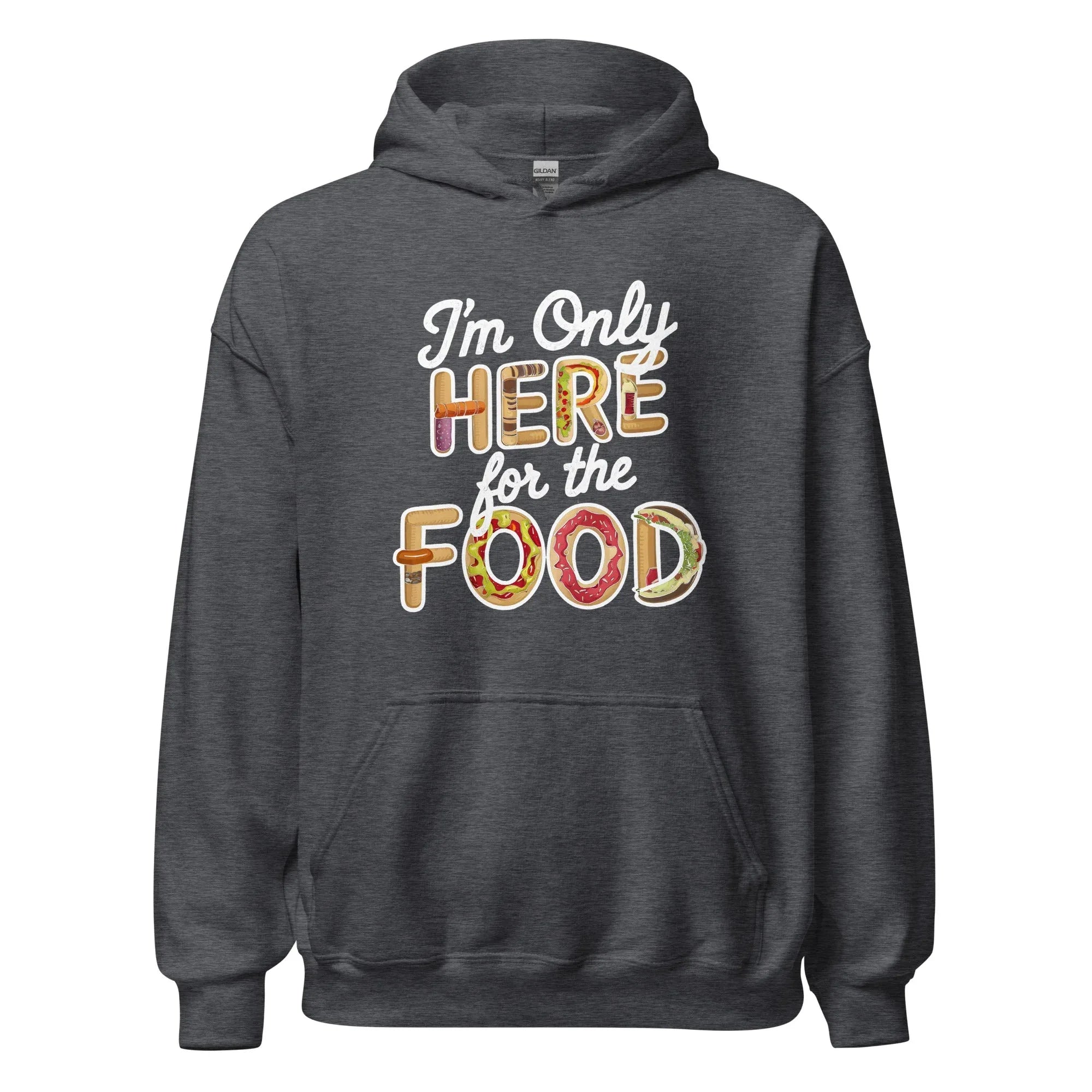 Unisex | I'm Only Here For The Food Hoodie Dark Heather hoodie AwRans Clothing unisex-heavy-blend-hoodie-dark-heather-front-666586136b4b4