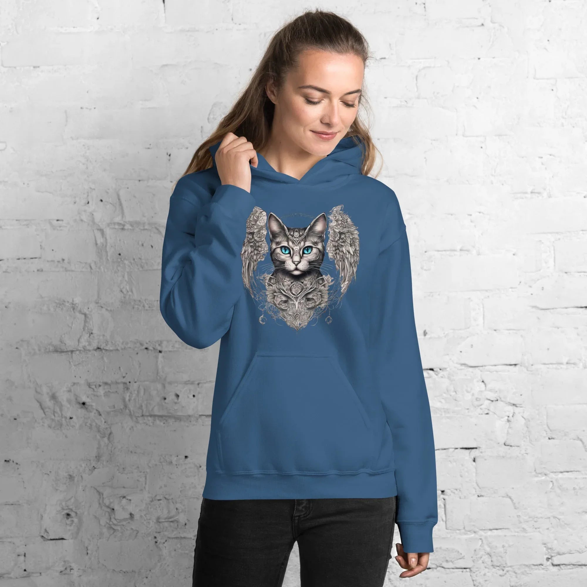 Women's | Cat With Wings Hoodie Indigo Blue Hoodie AwRans Clothing unisex-heavy-blend-hoodie-indigo-blue-front-65dbd09d80ac0