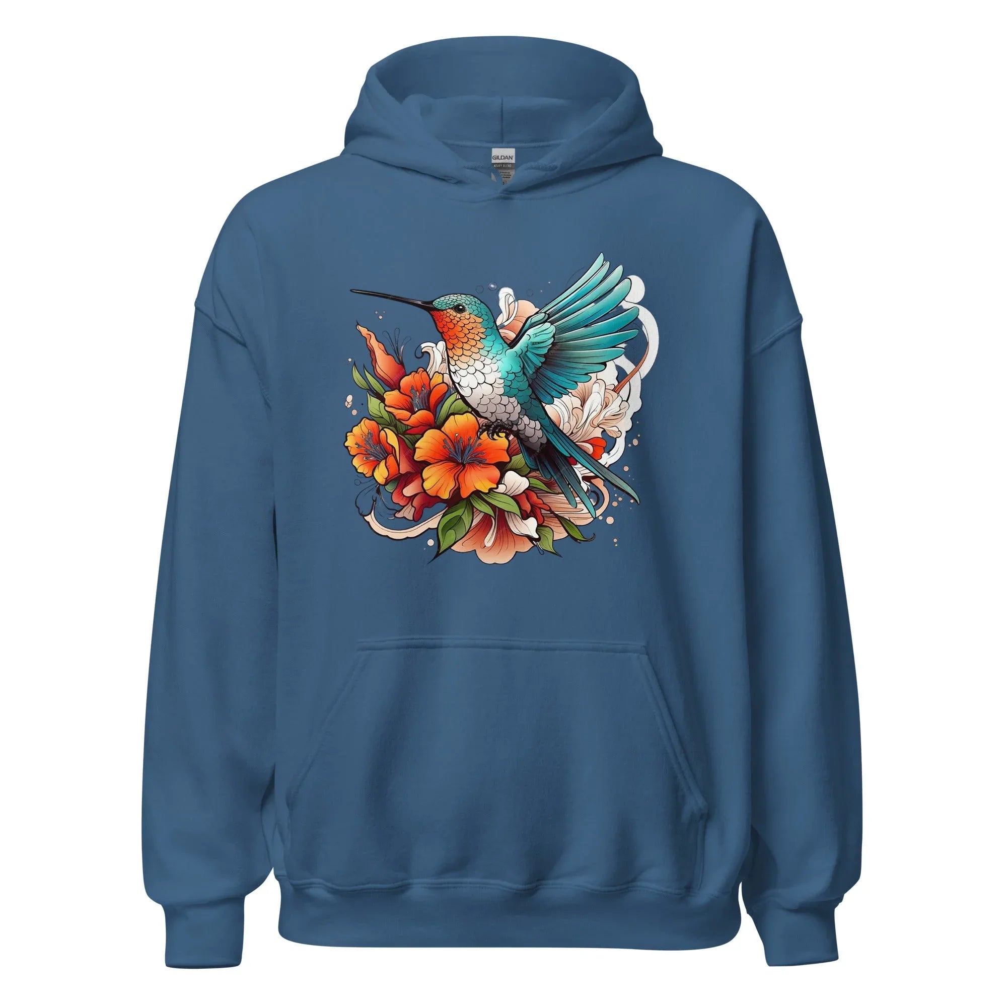 Unisex | Flying Bird With Flowers Hoodie Indigo Blue hoodie AwRans Clothing unisex-heavy-blend-hoodie-indigo-blue-front-6614693022b47
