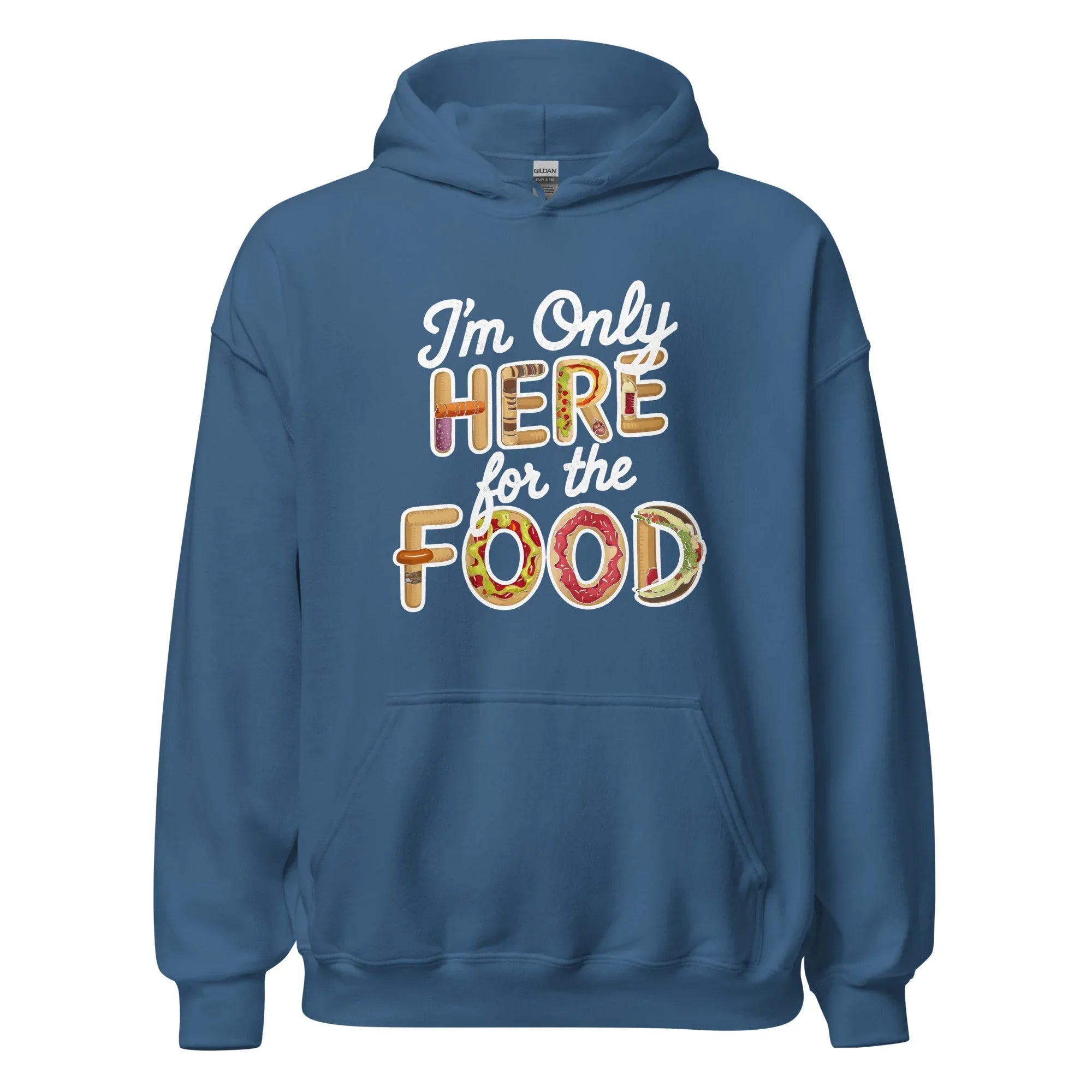 Unisex | I'm Only Here For The Food Hoodie Indigo Blue hoodie AwRans Clothing unisex-heavy-blend-hoodie-indigo-blue-front-6665861371b78