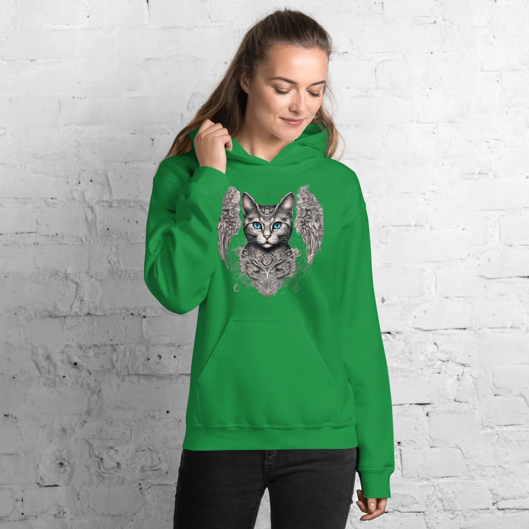 Women's | Cat With Wings Hoodie Irish Green Hoodie AwRans Clothing unisex-heavy-blend-hoodie-irish-green-front-65dbd09d835bf