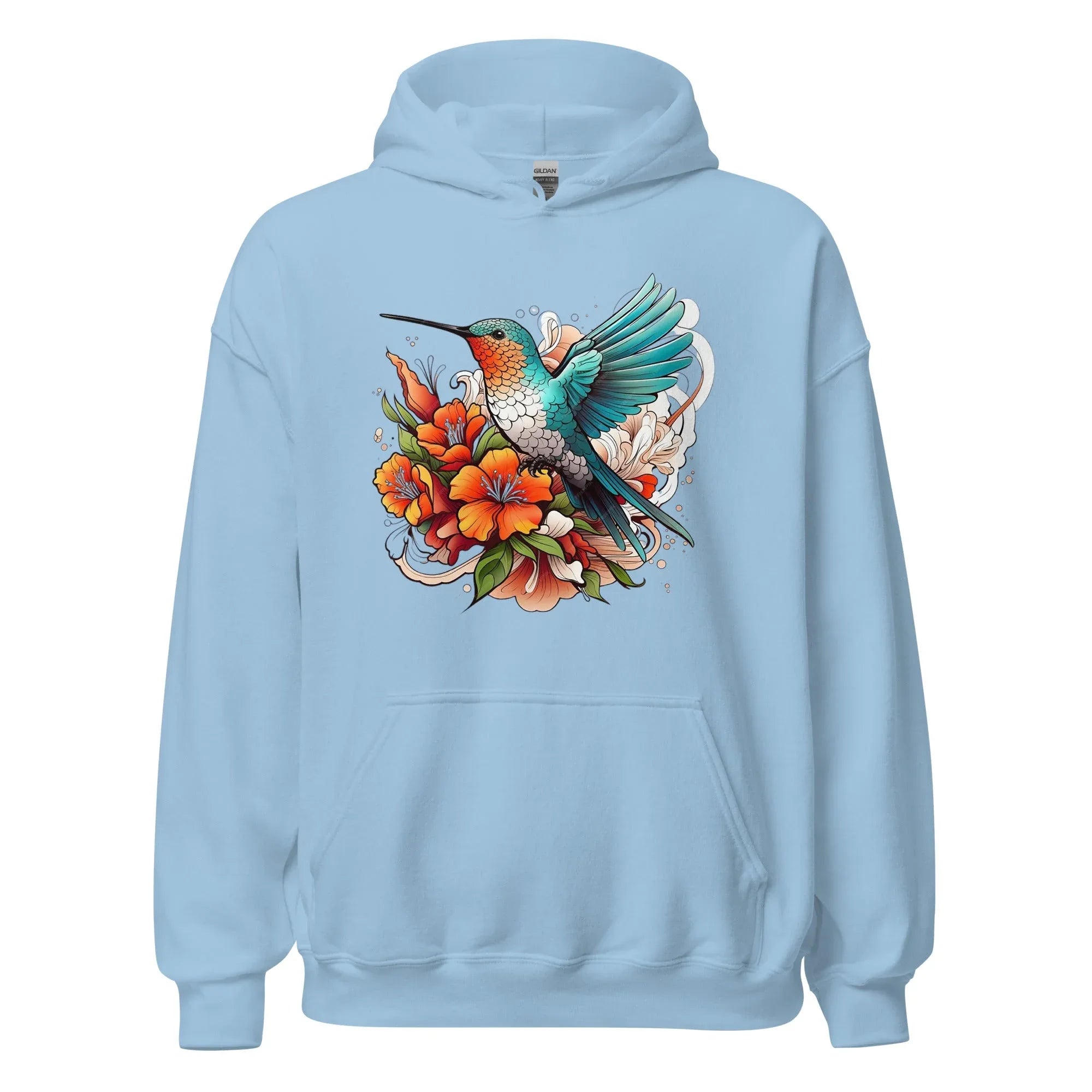 Unisex | Flying Bird With Flowers Hoodie Light Blue hoodie AwRans Clothing unisex-heavy-blend-hoodie-light-blue-front-661469302c5ec