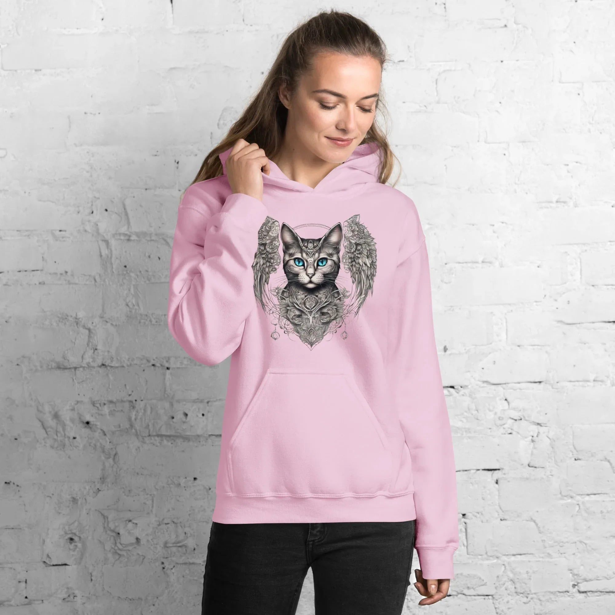 Women's | Cat With Wings Hoodie Light Pink Hoodie AwRans Clothing unisex-heavy-blend-hoodie-light-pink-front-65dbd09d8f653