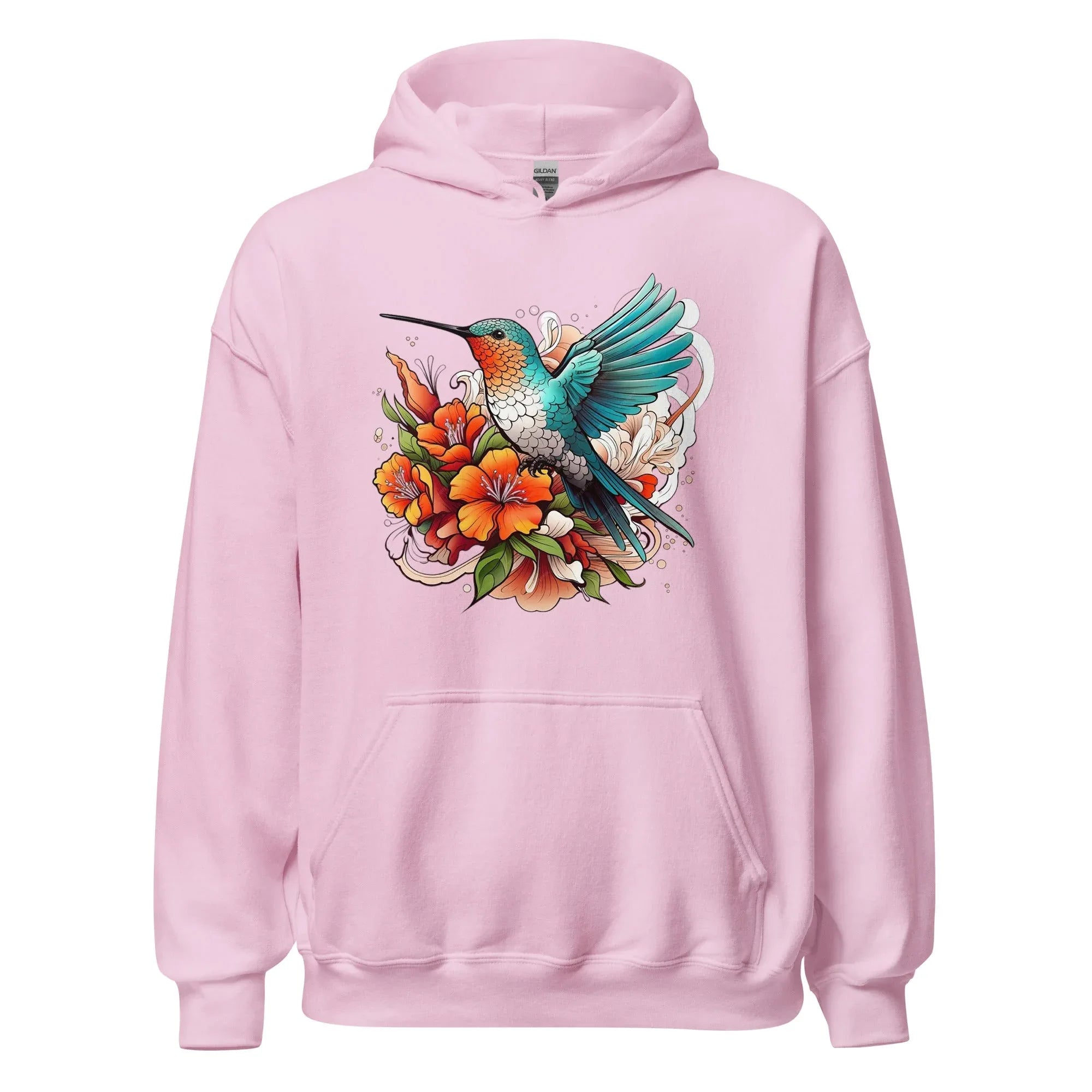 Unisex | Flying Bird With Flowers Hoodie Light Pink hoodie AwRans Clothing unisex-heavy-blend-hoodie-light-pink-front-6614693031917